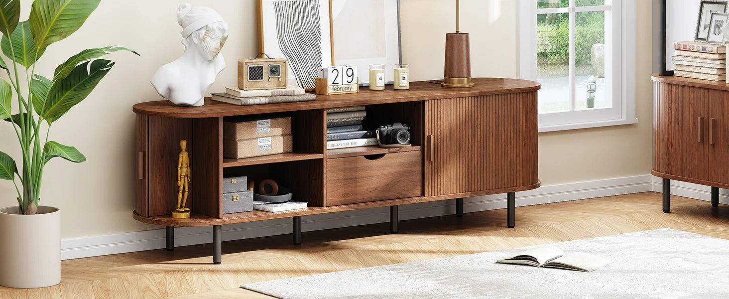 Mid-Century TV Stand for 80" TV — Fluted Walnut Media Console with Storage & Sliding Doors