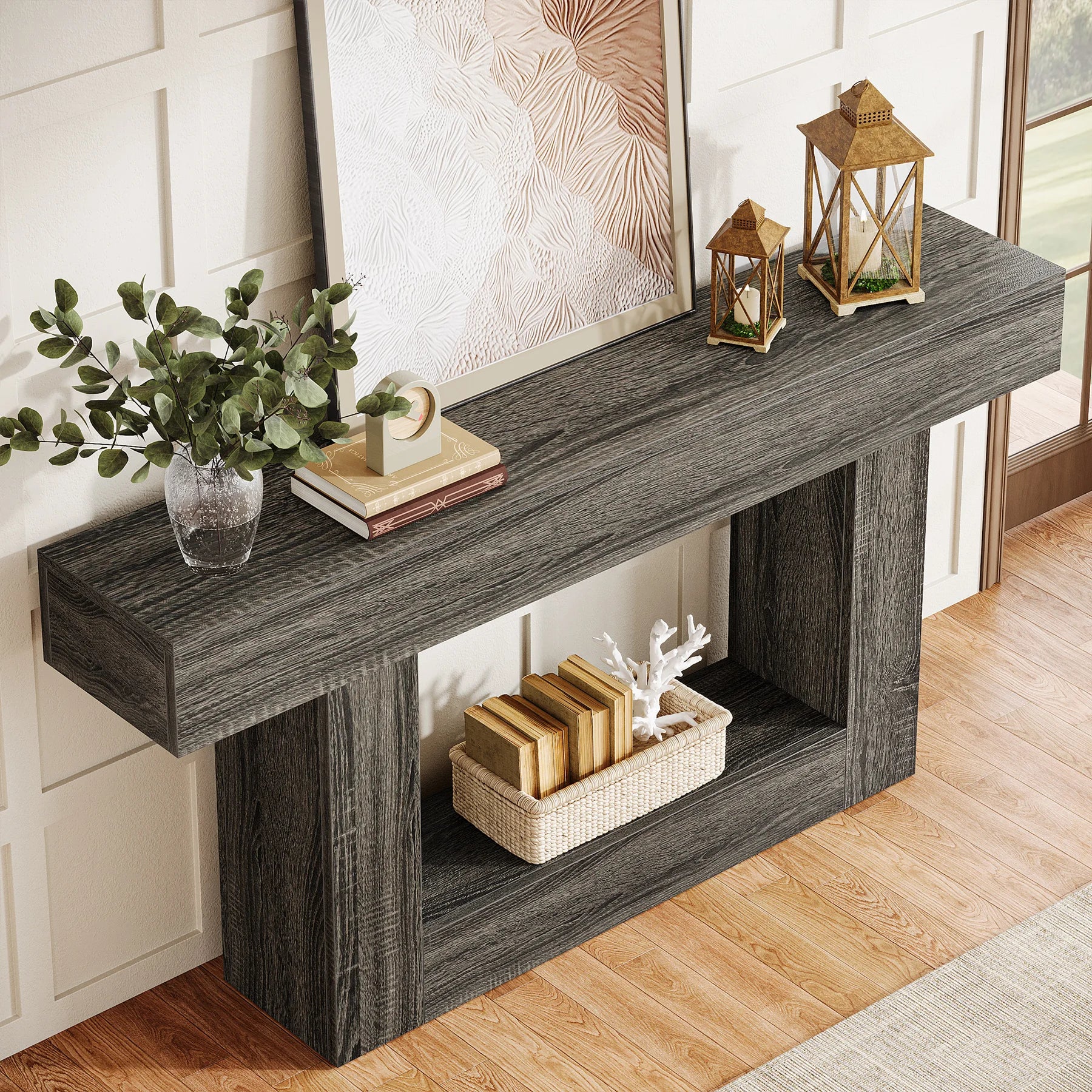 Two-Tone Farmhouse Console Table with Lower Shelf for Entryway — 63"
