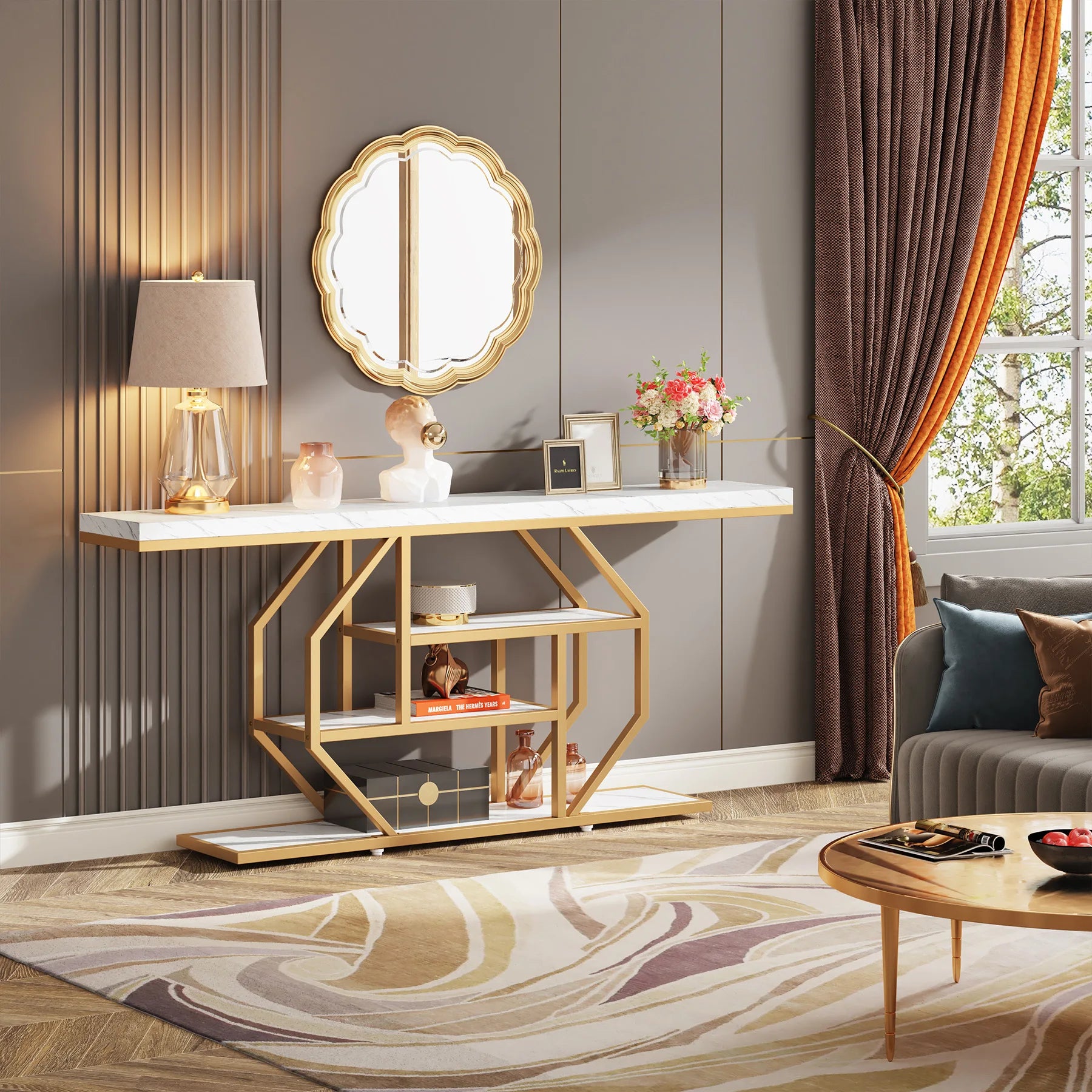 Faux Marble Gold Console Table with Storage Shelves for Entryway — 70" Behind-Sofa