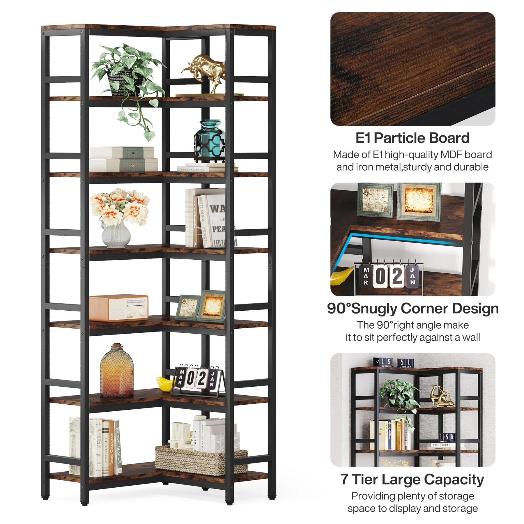 Industrial Corner Bookcase with 7 Shelves and Black Metal Frame for Living Room — 71" Tall