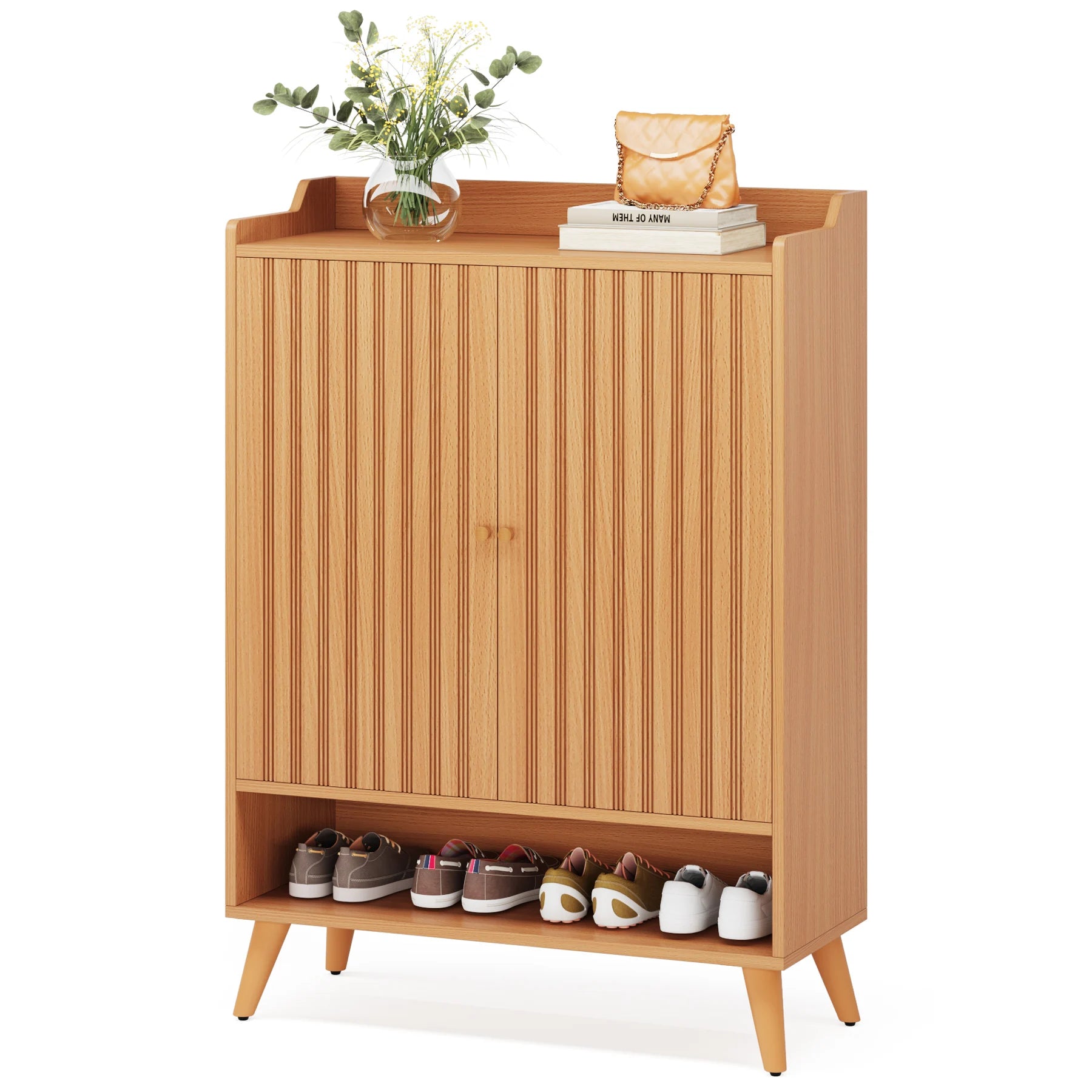 White Gold-Accent Shoe Cabinet with Doors for Entryway — 5-Tier Storage