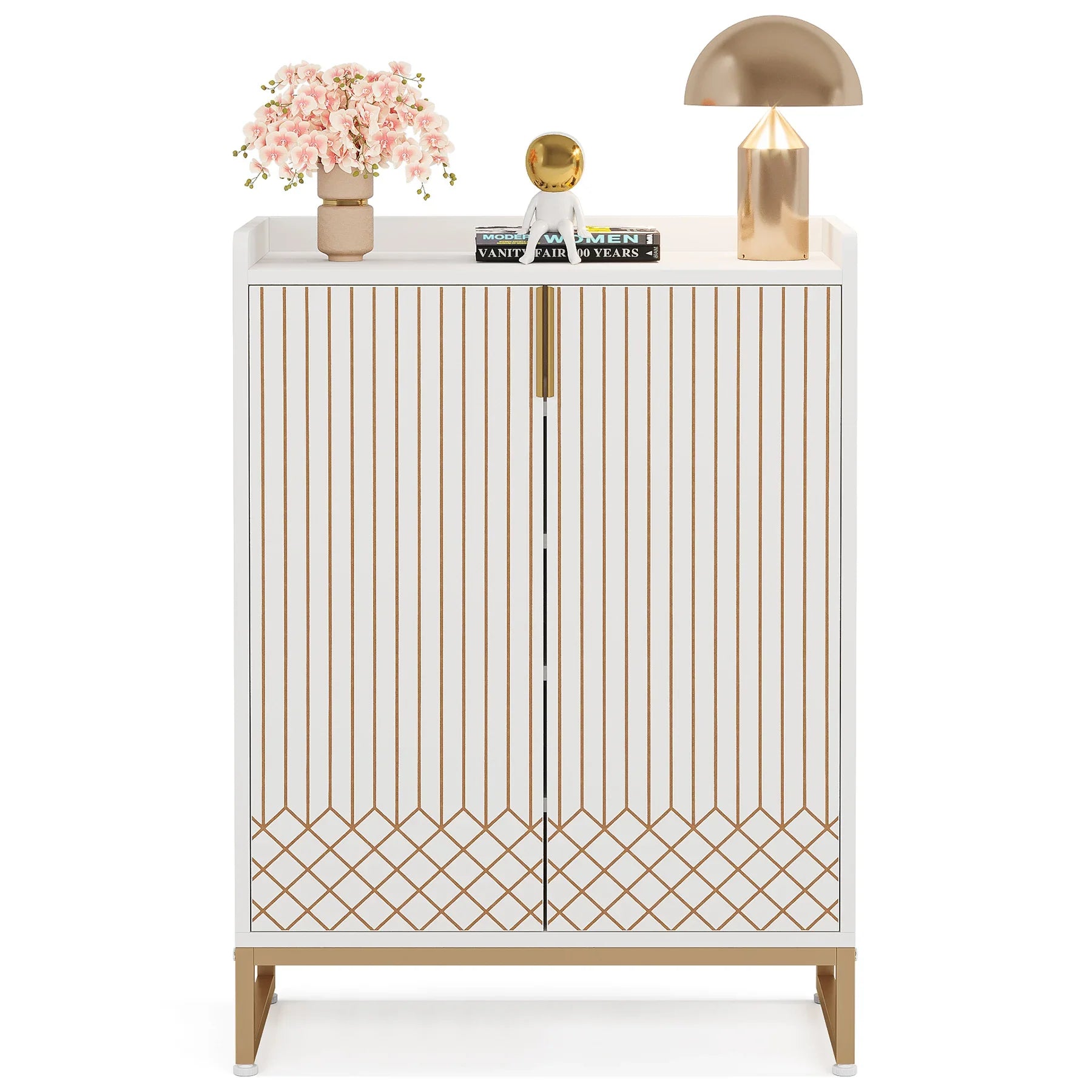 White Gold-Accent Shoe Cabinet with Doors for Entryway — 5-Tier Storage