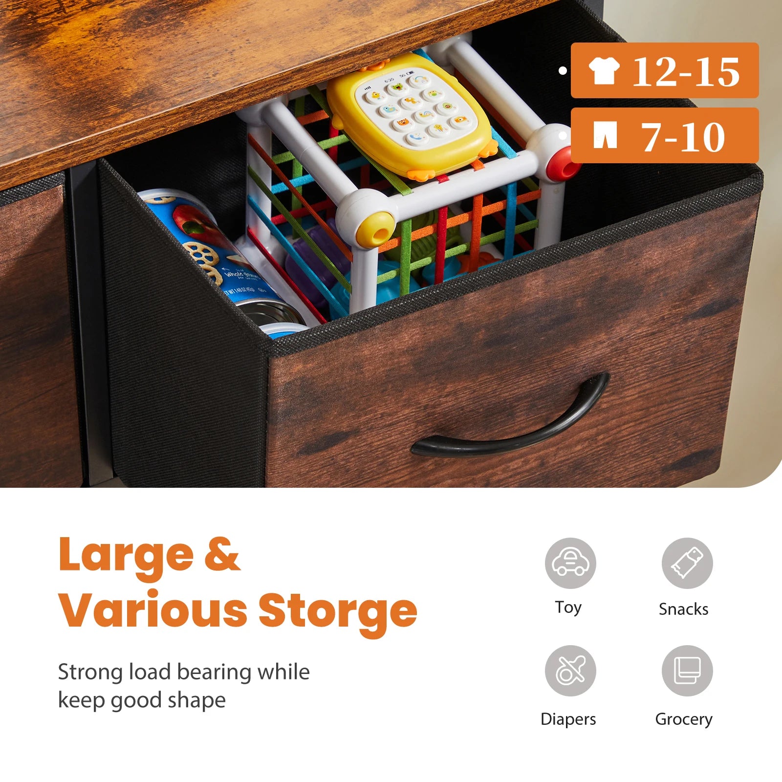 Rustic Wood-Look Dresser with 9 Fabric Drawers for Bedroom — Tall Industrial Chest