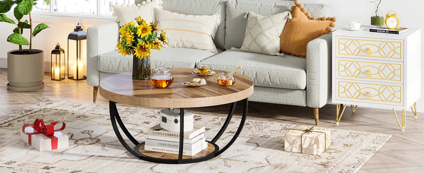 Round Industrial Coffee Table with Storage Shelf for Living Room — 31.7" Oak