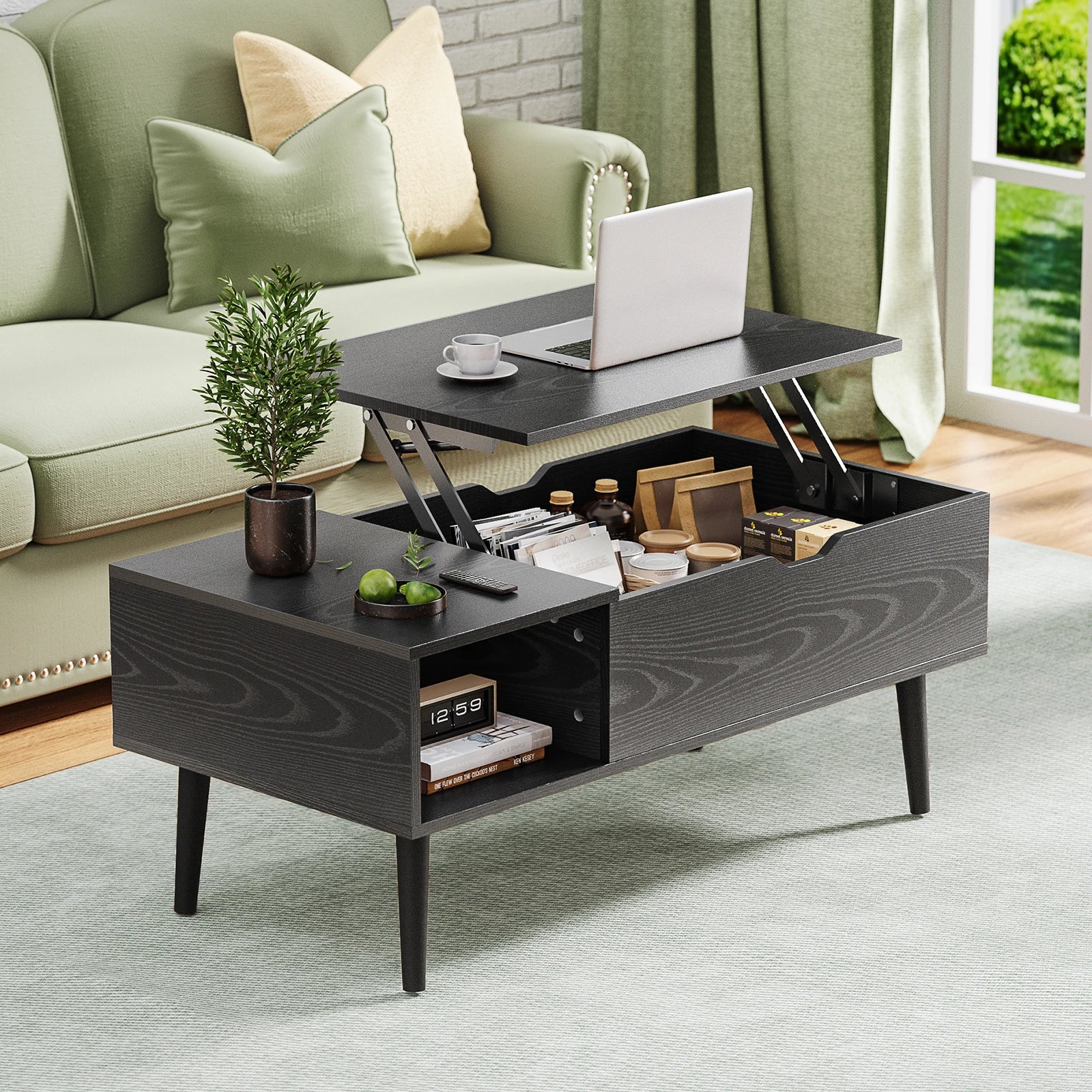 Mid-Century Lift-Top Coffee Table with Hidden Storage for Living Room — 39"W