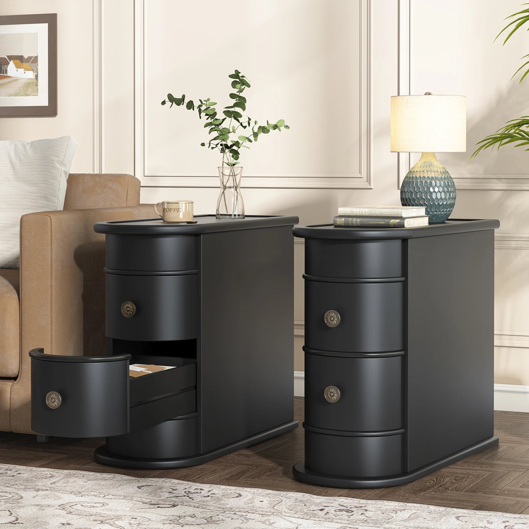 Solid Wood Narrow Side Table Nightstand with 2 Drawers for Living Room — 24" Tall