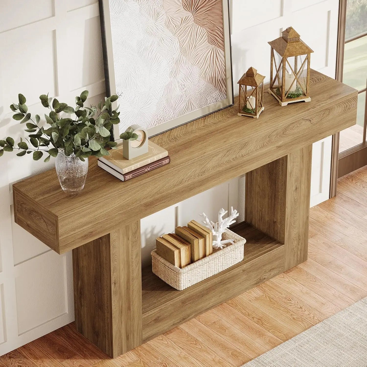 Two-Tone Farmhouse Console Table with Lower Shelf for Entryway — 63"