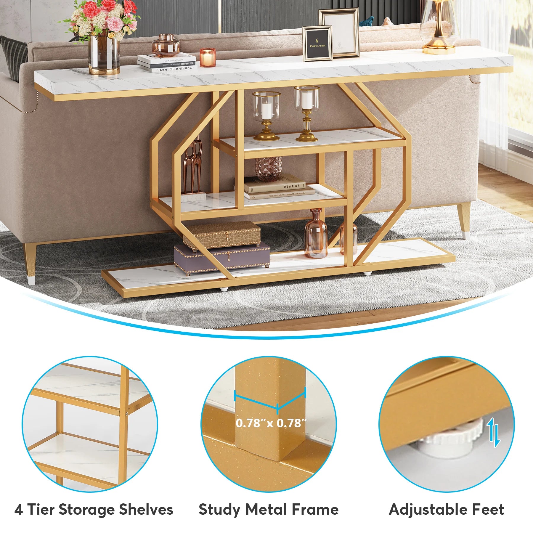 Faux Marble Gold Console Table with Storage Shelves for Entryway — 70" Behind-Sofa