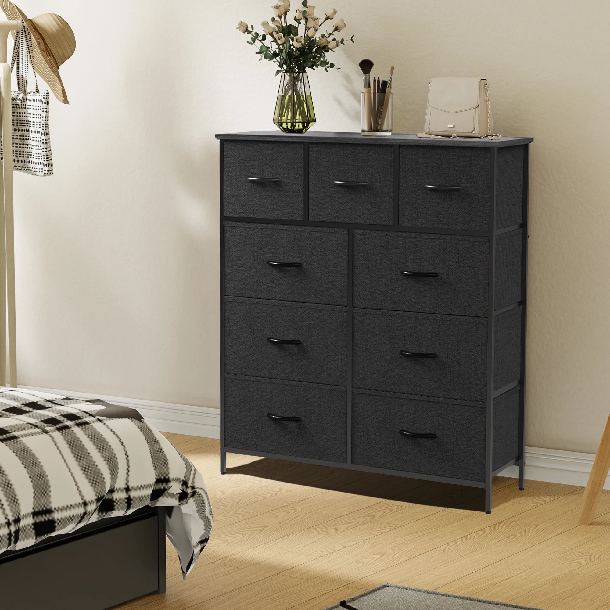 Rustic Wood-Look Dresser with 9 Fabric Drawers for Bedroom — Tall Industrial Chest