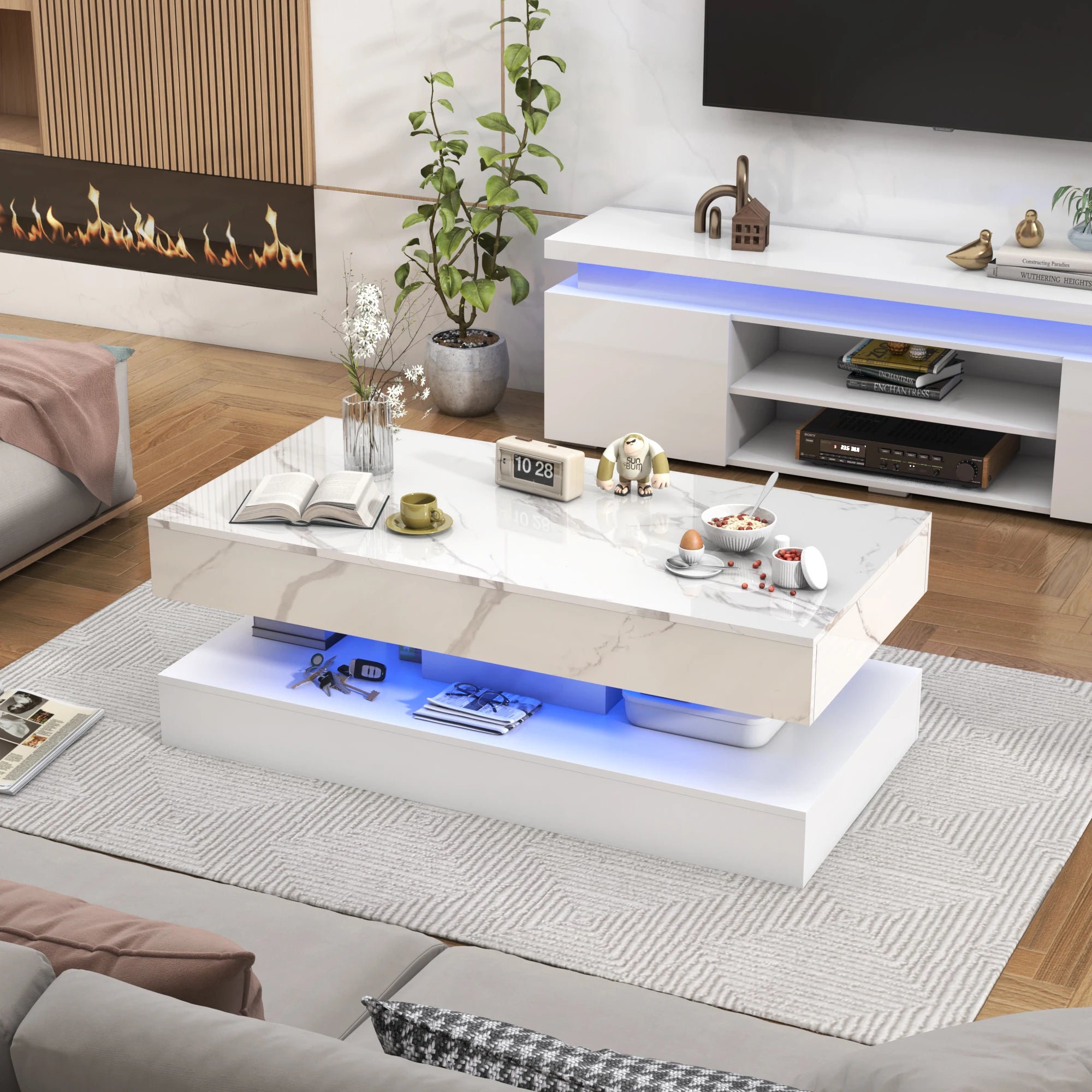 LED Coffee Table with Storage — Modern Faux Marble Coffee Table with Drawers for Living Room