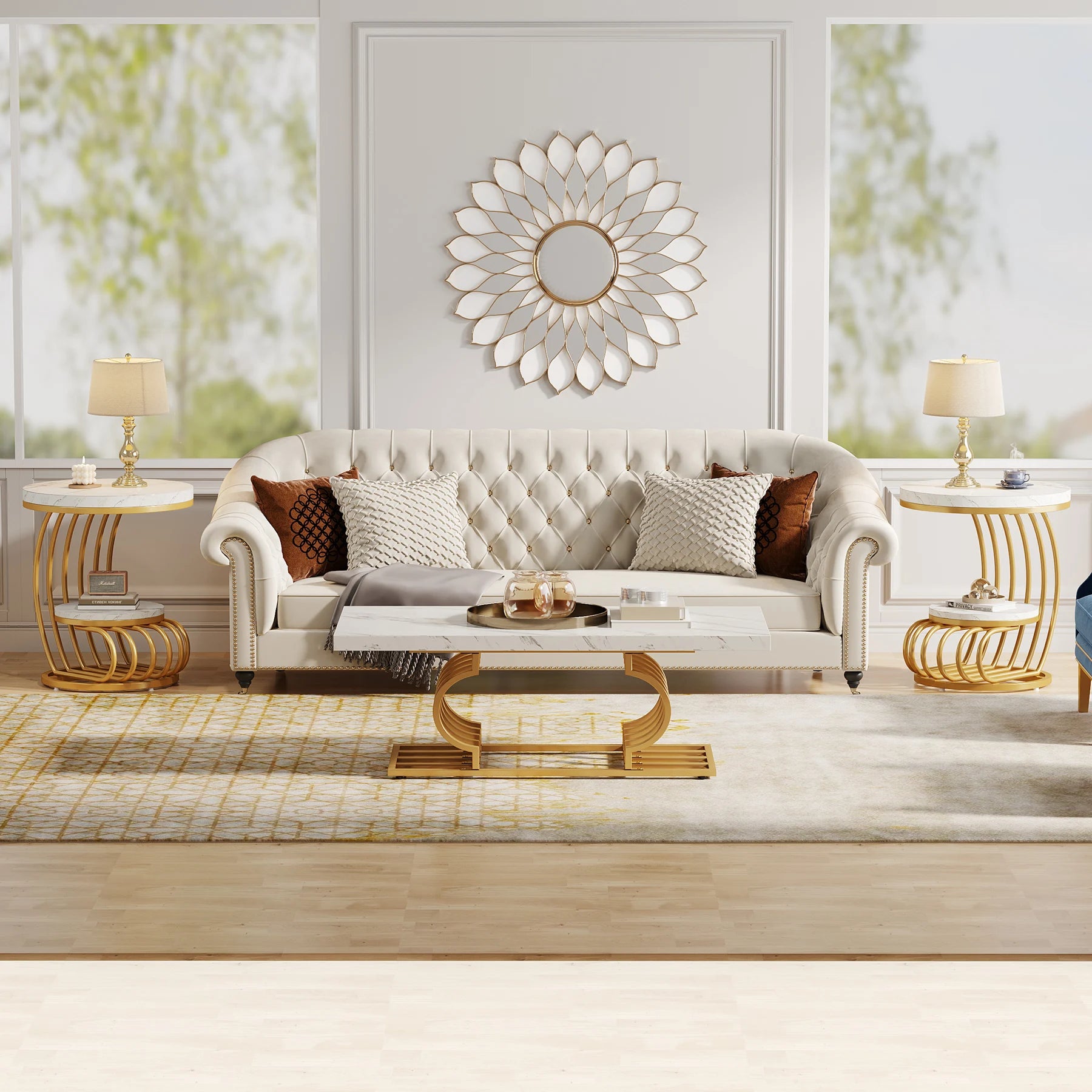 Gold Round Side Table with Faux-Marble Tiers for Living Room — 20-inch Sculptural Accent Table