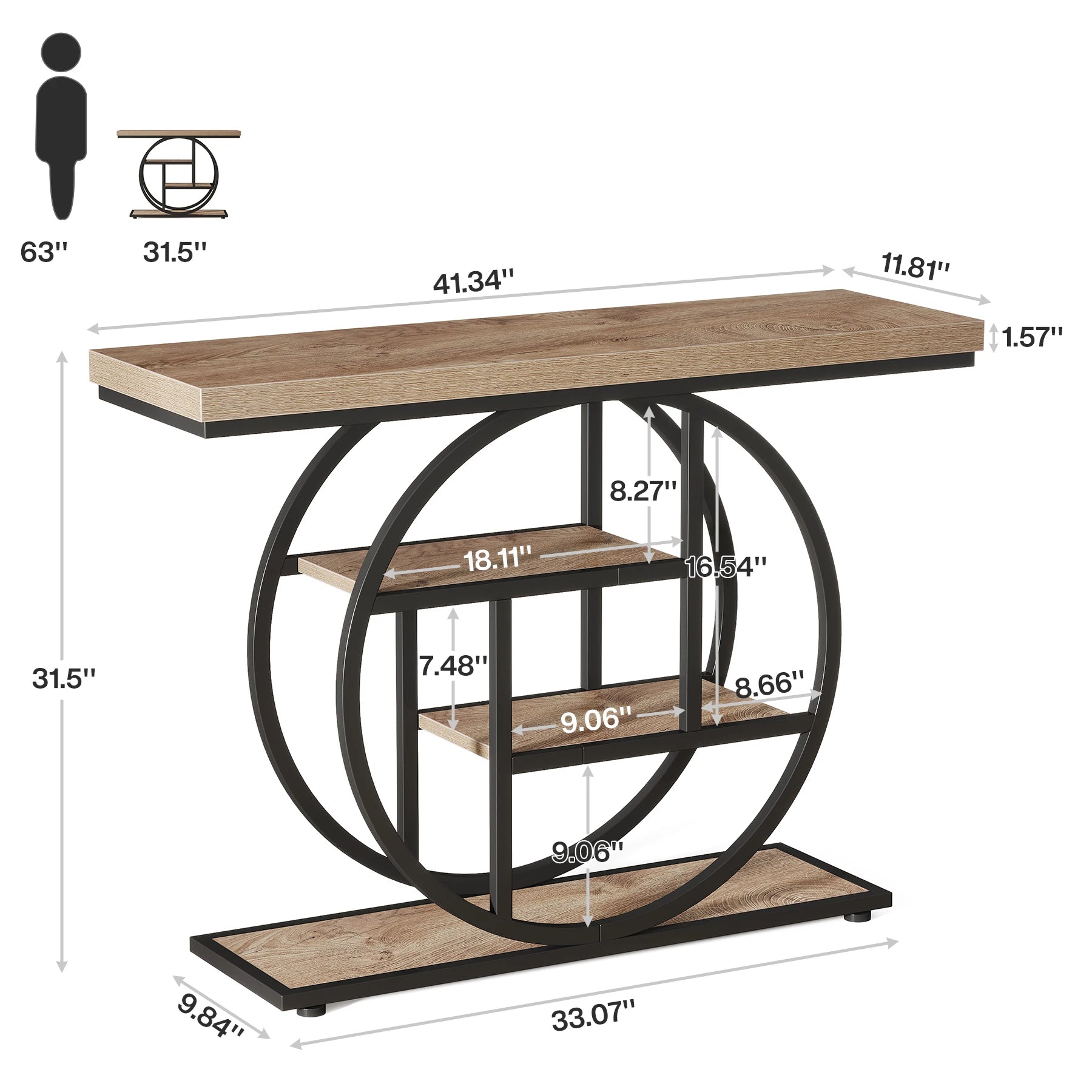 Rustic Wood 4-Tier Console Table with Round Metal Frame for Entryway — 41.3in