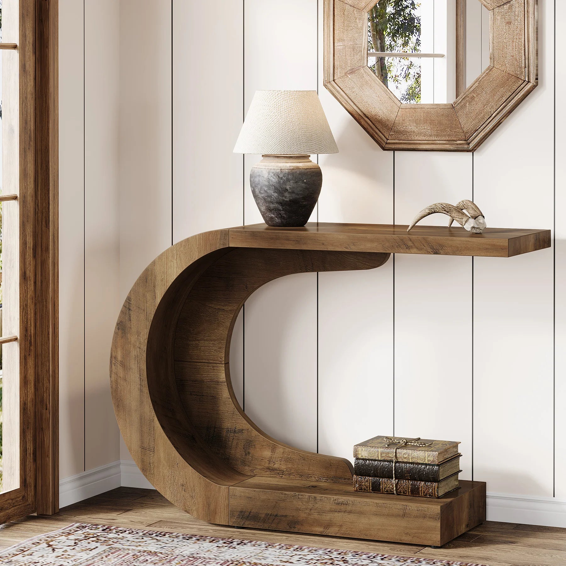 Curved Wood Console Table with Sculptural C-Base for Entryway — 43" Wide