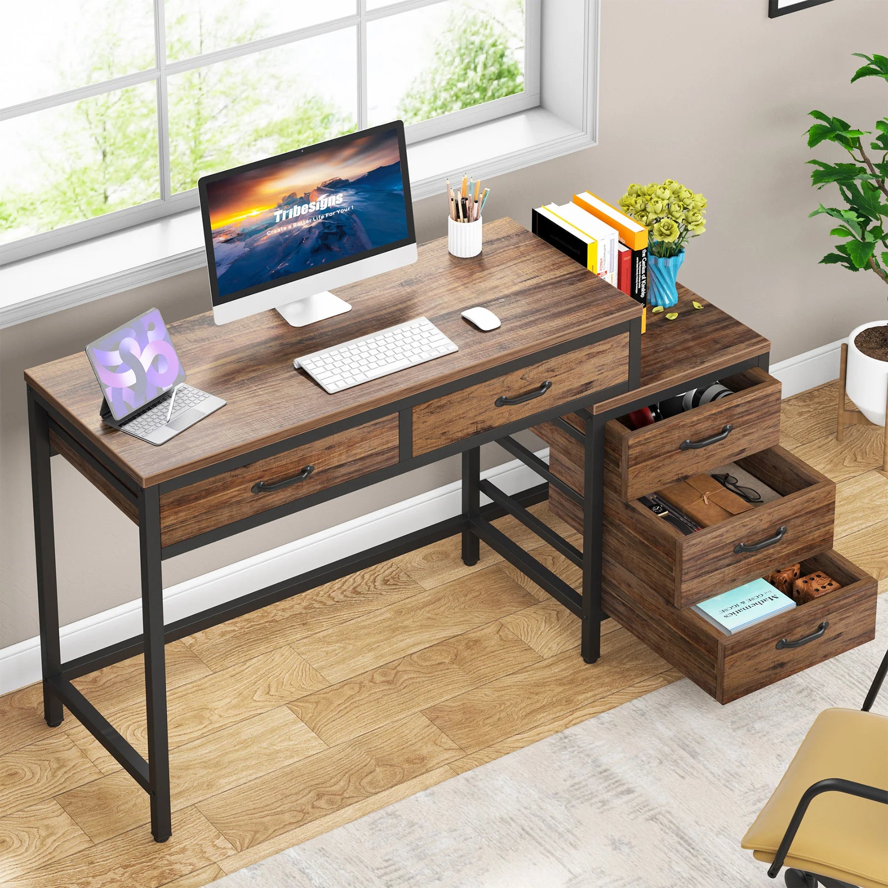 Industrial Computer Desk with 3 Drawers for Home Office — 59in Writing Table