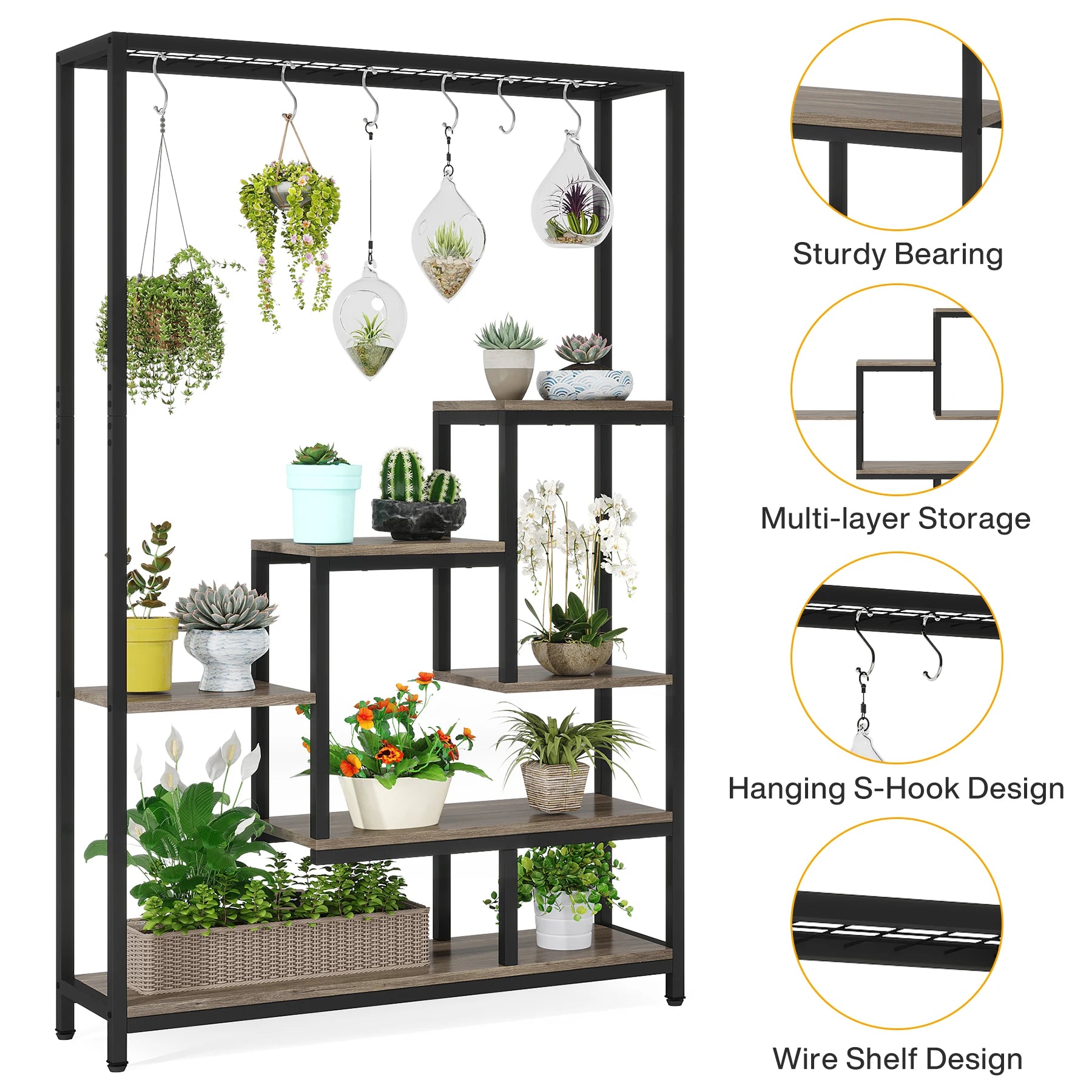 Industrial Metal Plant Stand with Hanging Hooks for Living Room — 5-Tier, 70.9in Tall