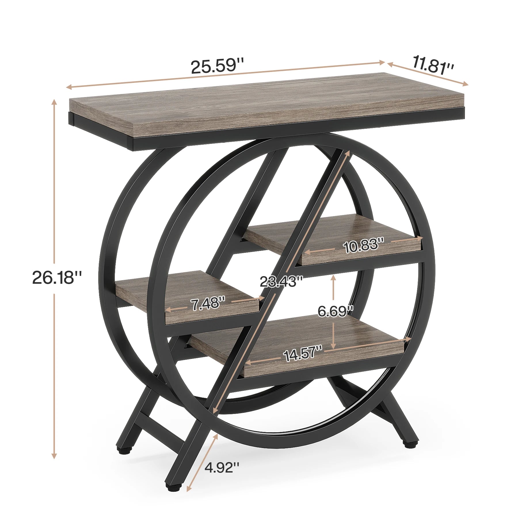 Rustic Wood 3-Tier Side Table with Round Metal Frame for Living Room — Narrow
