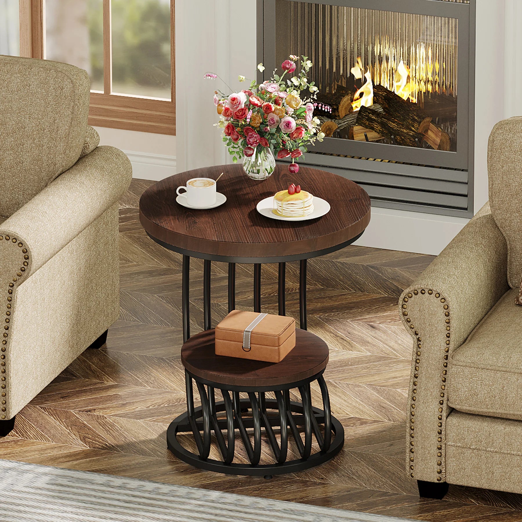 Gold Round Side Table with Faux-Marble Tiers for Living Room — 20-inch Sculptural Accent Table