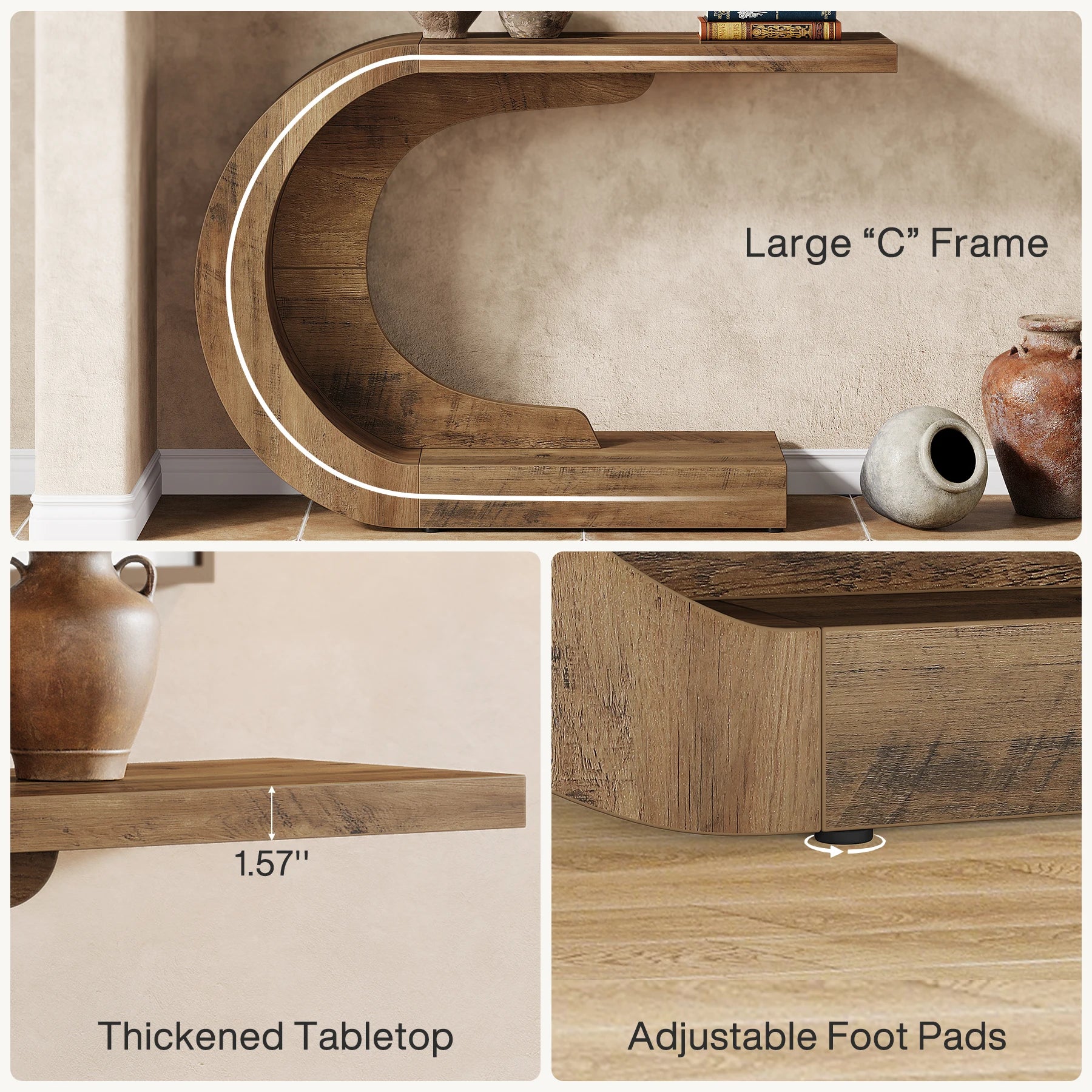Curved Wood Console Table with Sculptural C-Base for Entryway — 43" Wide