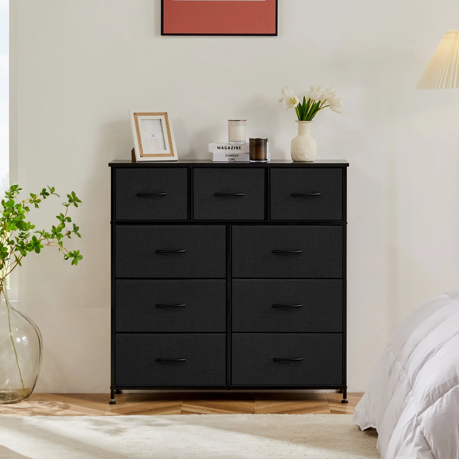 Rustic Wood-Look Dresser with 9 Fabric Drawers for Bedroom — Tall Industrial Chest