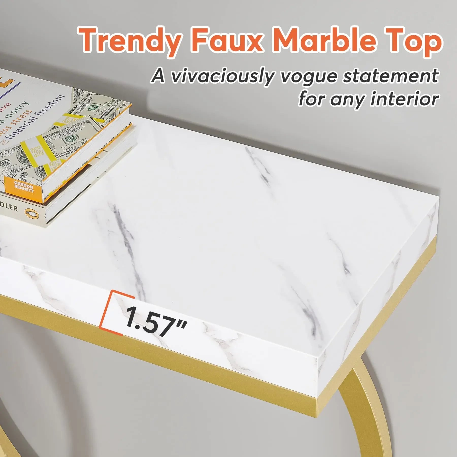 Faux Marble Console Table, 55" Gold Entryway Table — Narrow Sofa Table for Living Room & Hallway