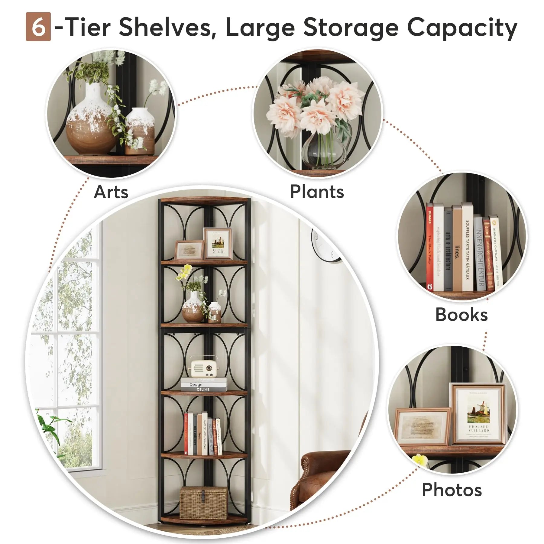 Rustic Corner Shelf with 6 Open Tiers for Living Room — 67in Tall
