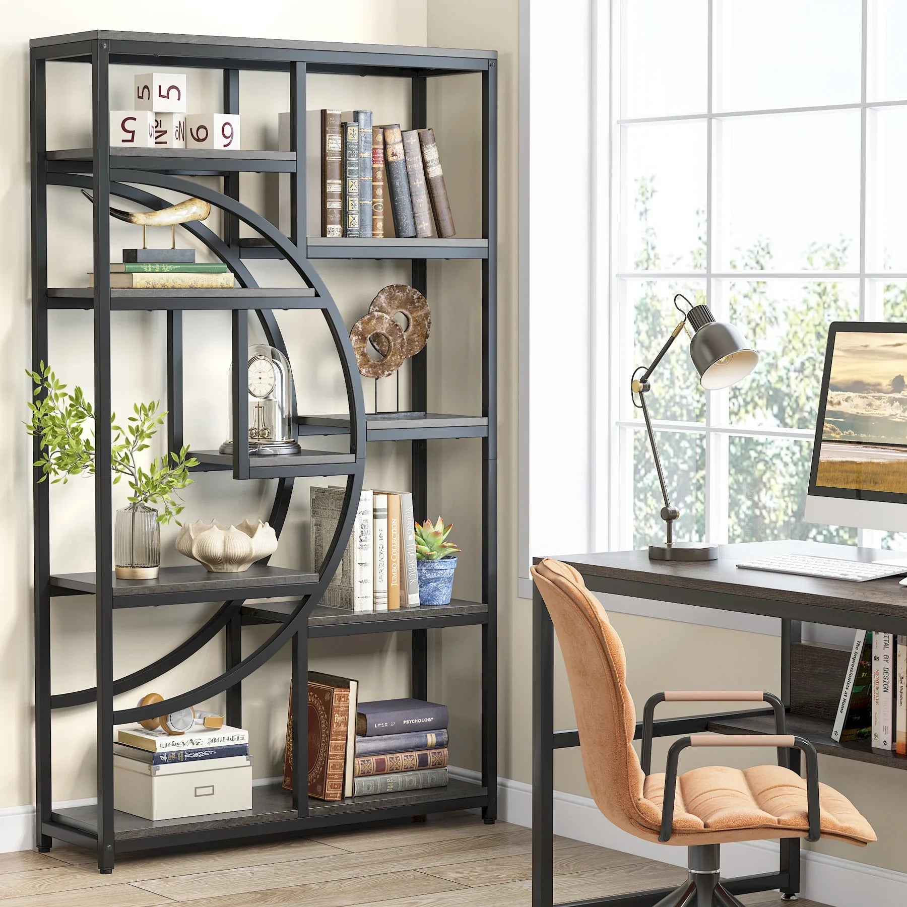 Industrial Etagere Bookcase with Curved Arc for Living Room — 71" Tall Freestanding