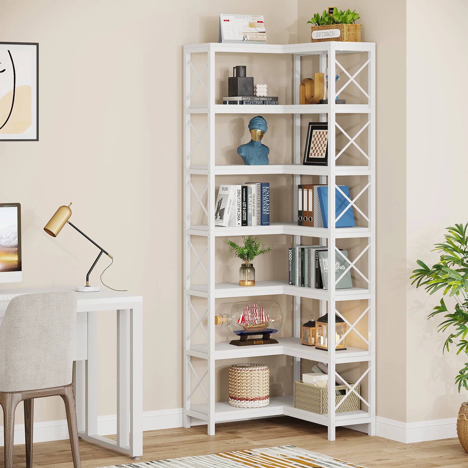 Industrial Corner Bookcase with 7 Shelves and Black Metal Frame for Living Room — 71" Tall
