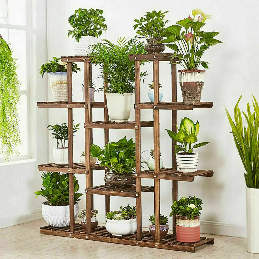 Carbonized Wood Plant Stand with Multi-Tier Slatted Shelves for Living Room — Holds 9+ Pots