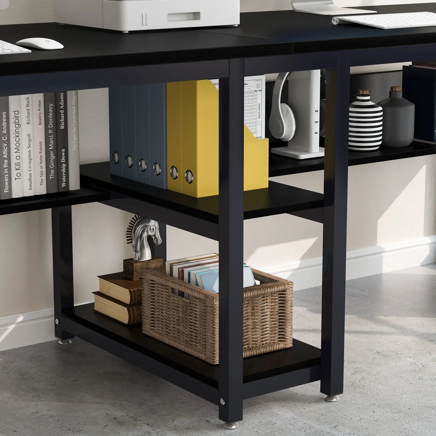 Rustic Two-Person Desk with Bookshelf for Home Office — 78.7in Double Workstation