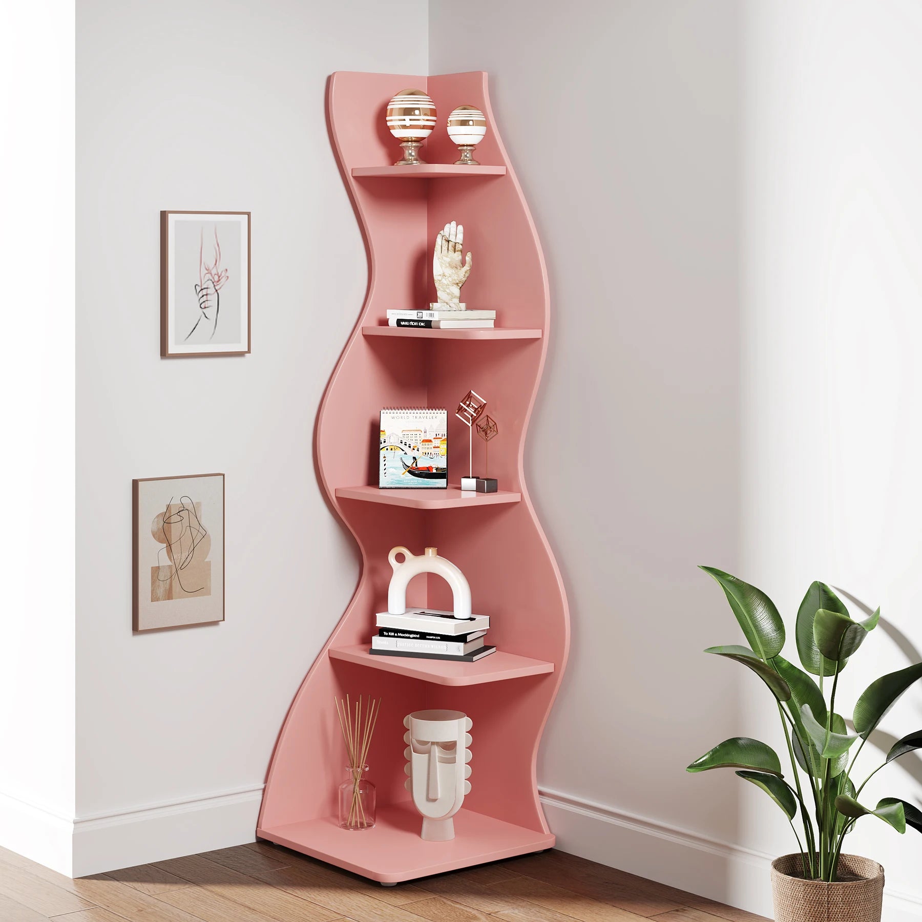 White Wave 5-Tier Corner Bookshelf with Curved Silhouette for Living Room — 65"H Floor Shelf