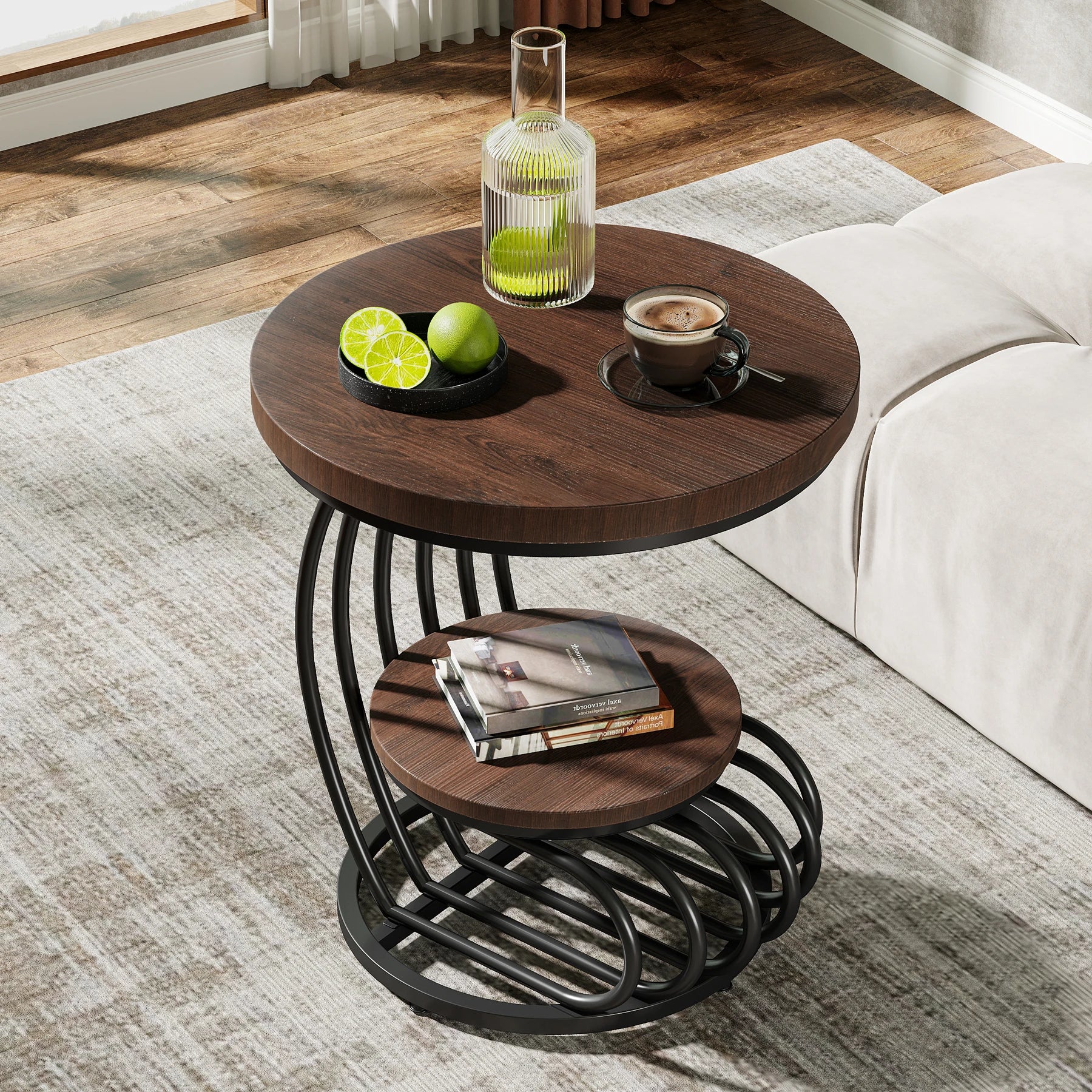 Gold Round Side Table with Faux-Marble Tiers for Living Room — 20-inch Sculptural Accent Table