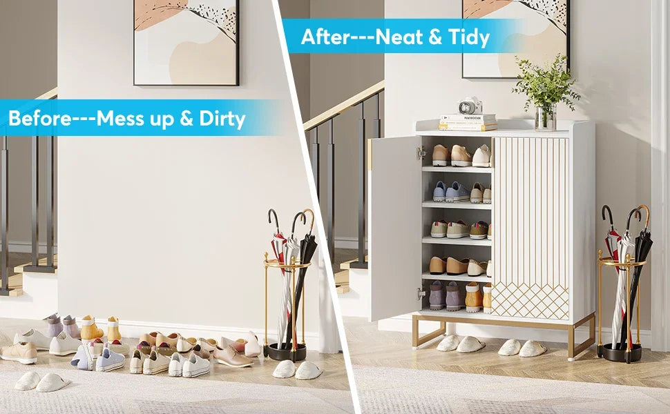 White Gold-Accent Shoe Cabinet with Doors for Entryway — 5-Tier Storage