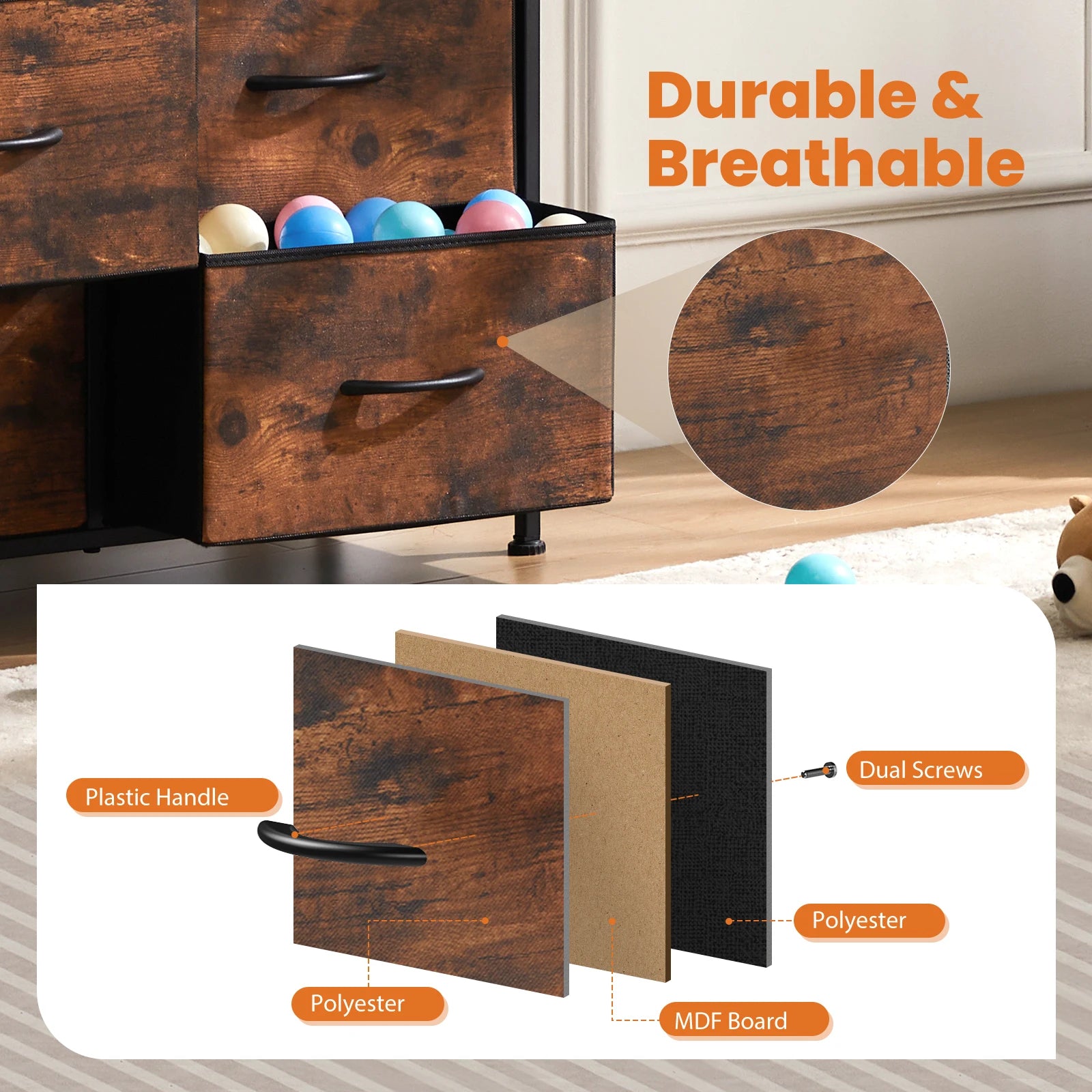 Rustic Wood-Look Dresser with 9 Fabric Drawers for Bedroom — Tall Industrial Chest