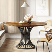 Walnut Round Dining Table with Sculptural Metal Pedestal for 4-6 — 47in
