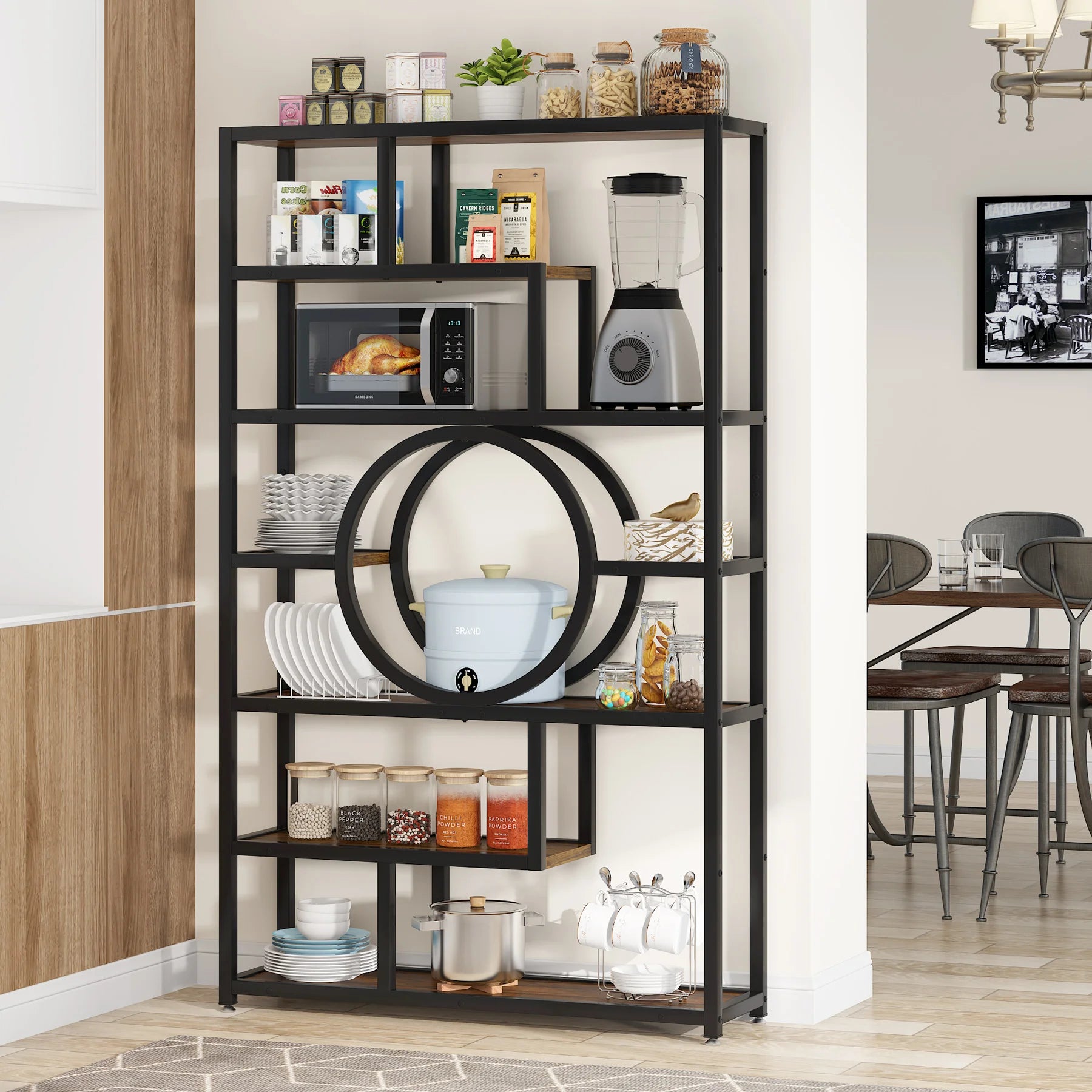 Industrial Etagere Bookcase with Curved Arc for Living Room — 71" Tall Freestanding