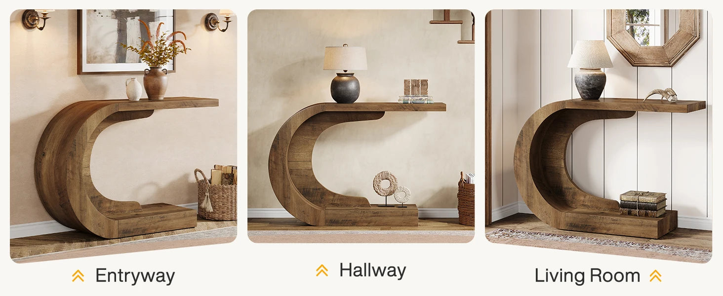 Curved Wood Console Table with Sculptural C-Base for Entryway — 43" Wide