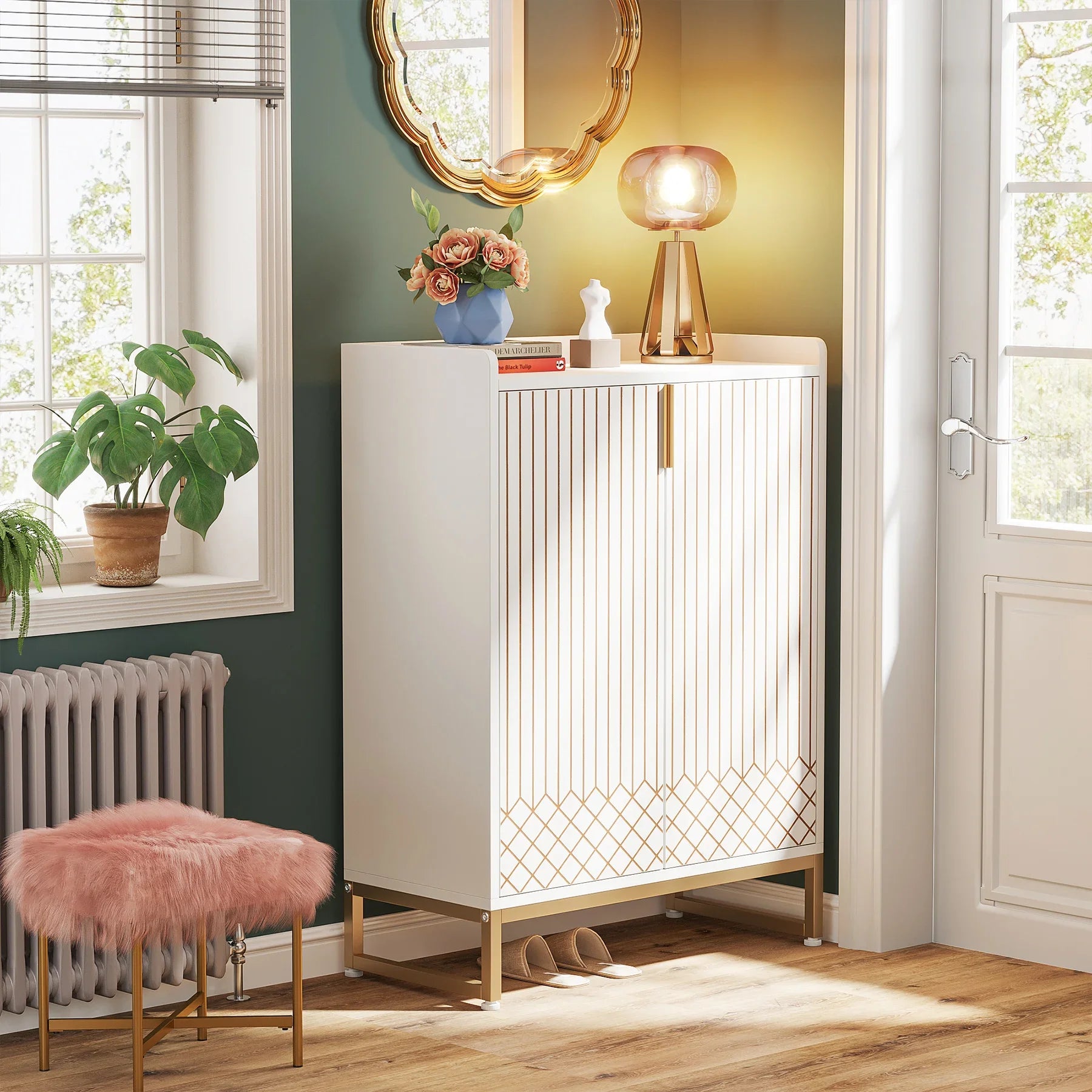 White Gold-Accent Shoe Cabinet with Doors for Entryway — 5-Tier Storage