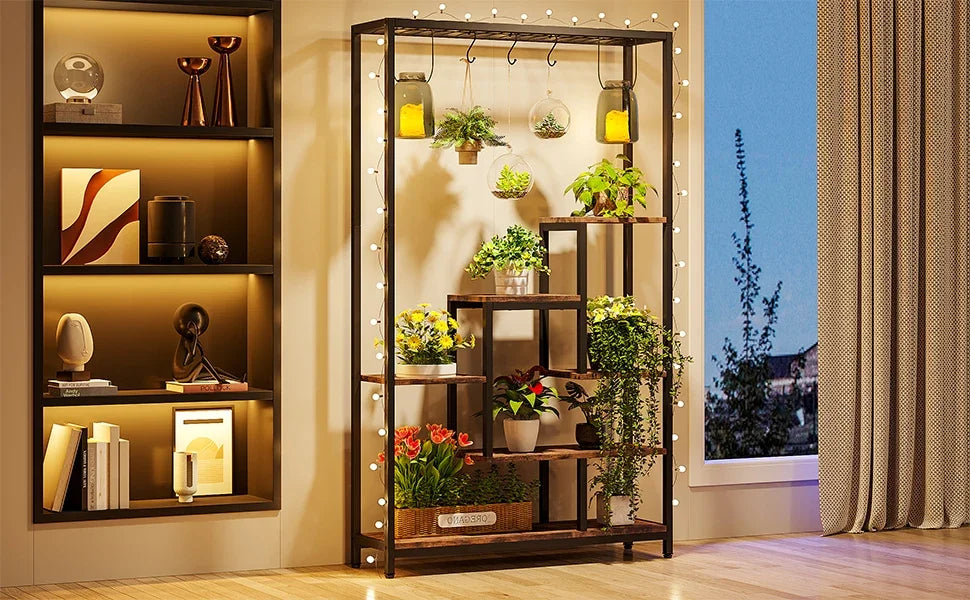 Industrial Metal Plant Stand with Hanging Hooks for Living Room — 5-Tier, 70.9in Tall