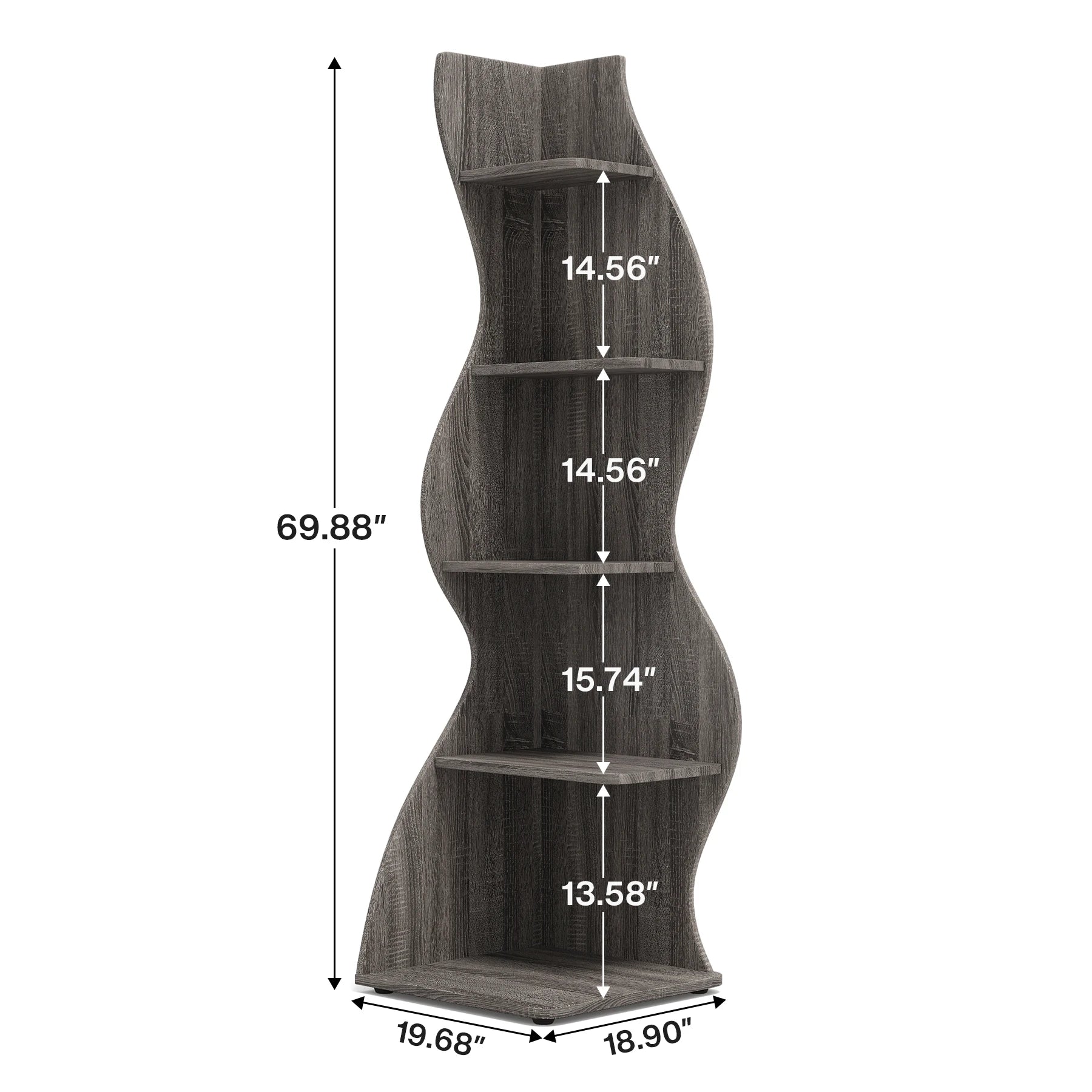 White Wave 5-Tier Corner Bookshelf with Curved Silhouette for Living Room — 65"H Floor Shelf