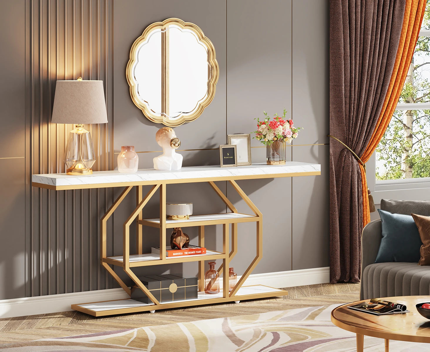 Faux Marble Gold Console Table with Storage Shelves for Entryway — 70" Behind-Sofa