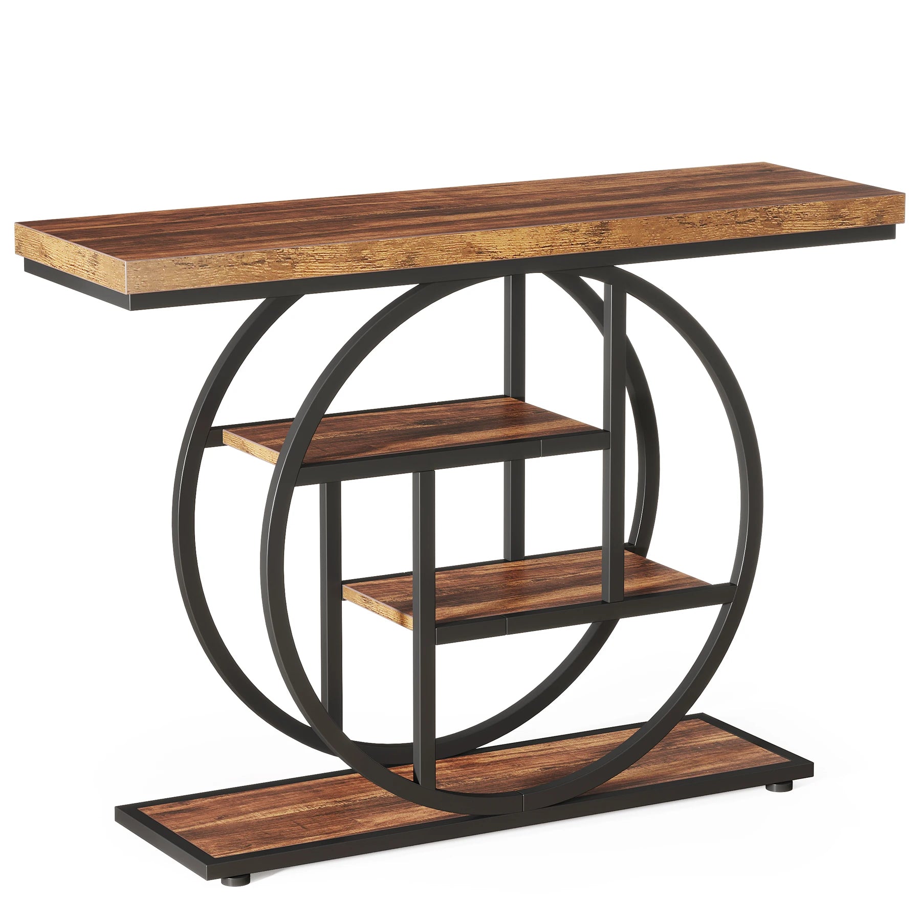 Rustic Wood 4-Tier Console Table with Round Metal Frame for Entryway — 41.3in