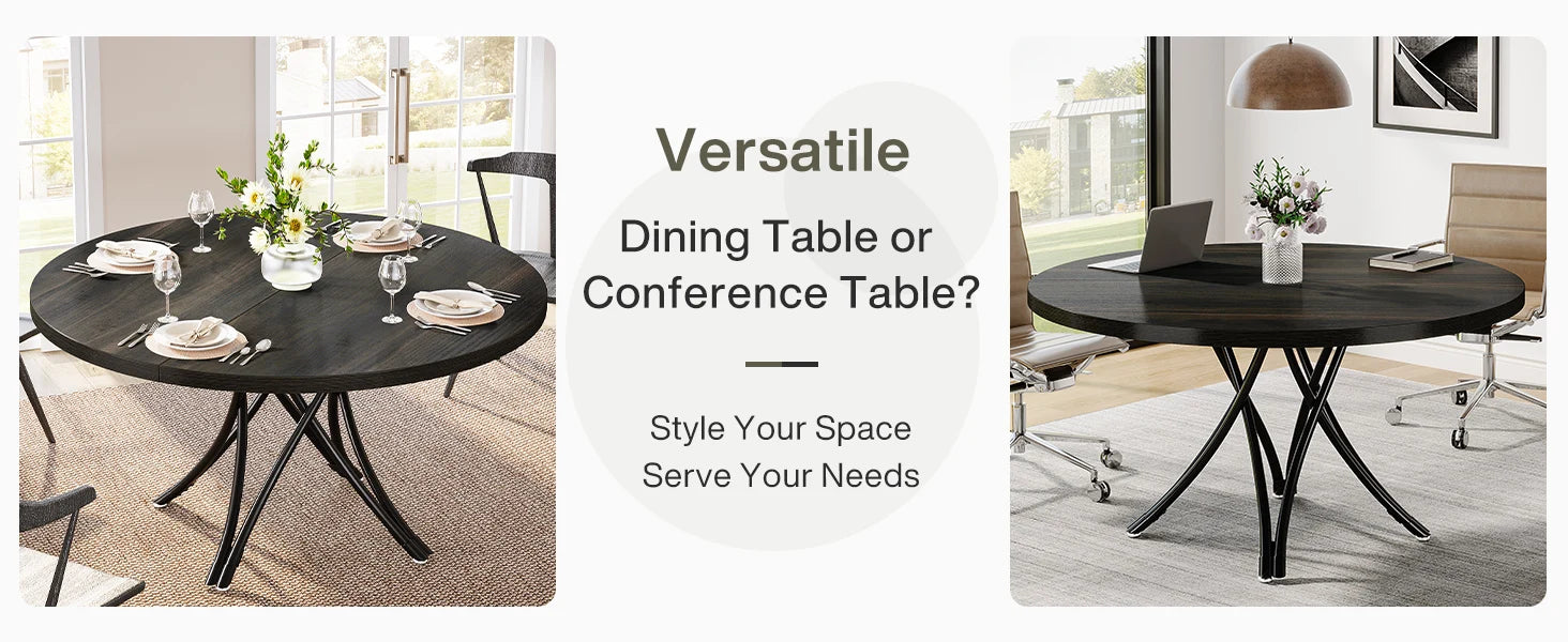 Walnut Round Dining Table with Sculptural Metal Pedestal for 4-6 — 47in