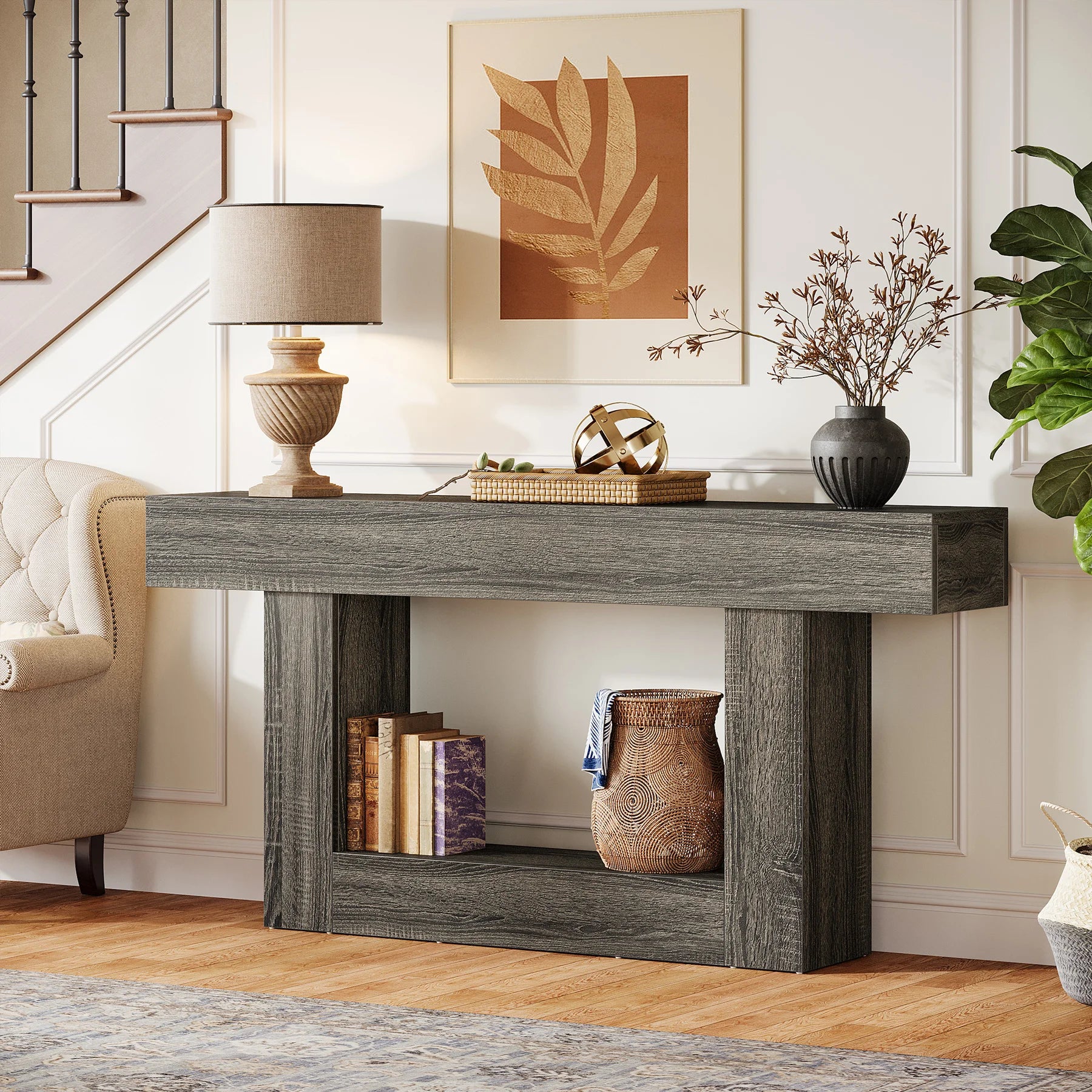 Two-Tone Farmhouse Console Table with Lower Shelf for Entryway — 63"