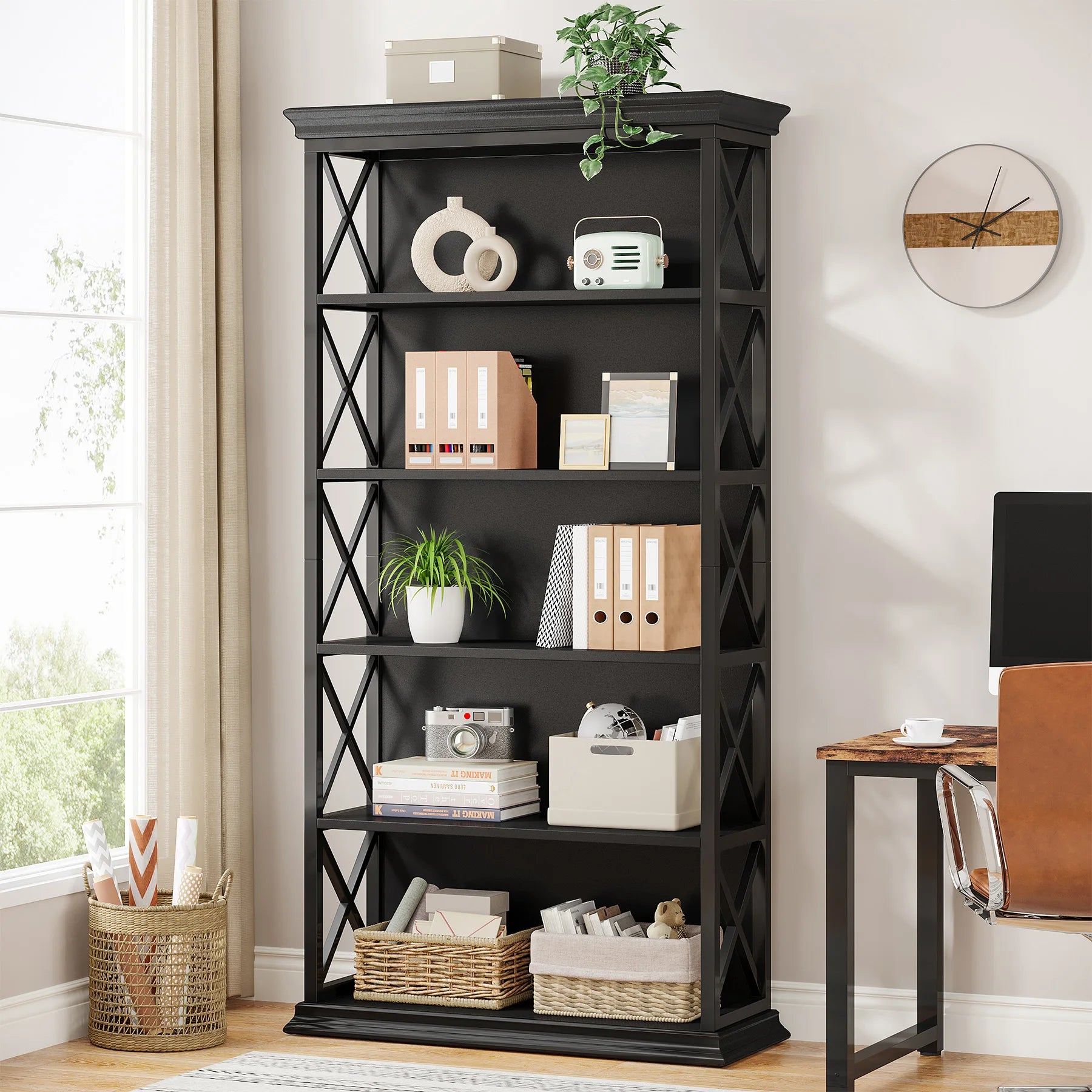 Industrial 6-Tier Bookcase with X-Frame for Living Room — 71in Tall Open Bookshelf