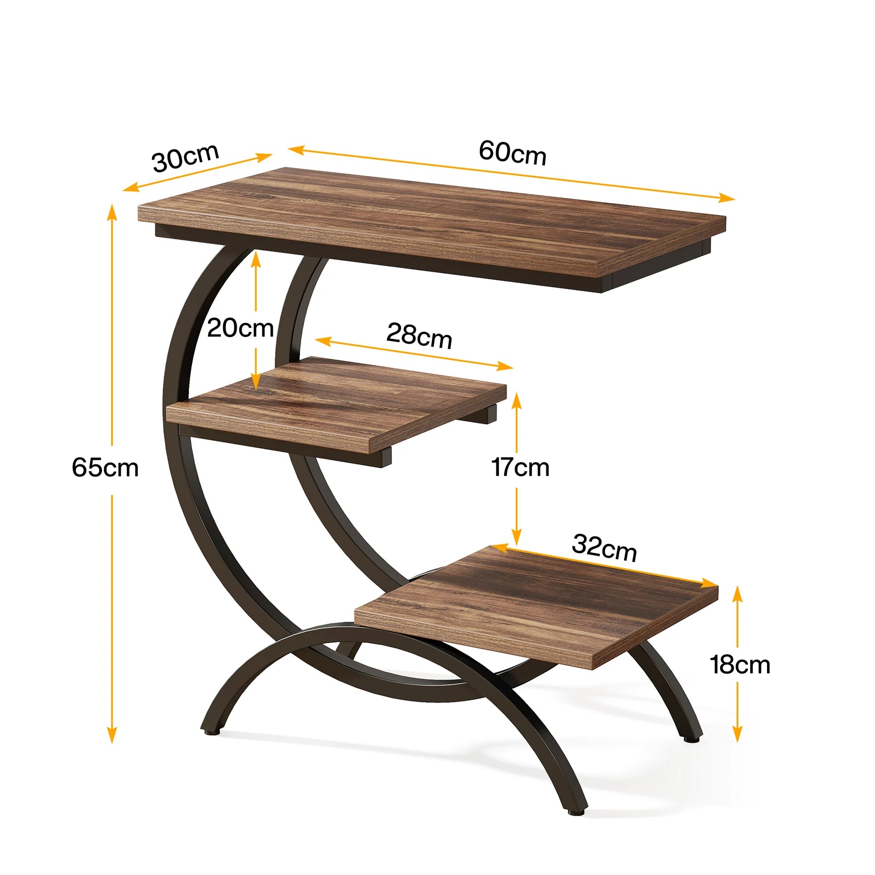 Industrial 3-Tier Side Table with Curved Metal Frame for Living Room — Rustic Brown Wood