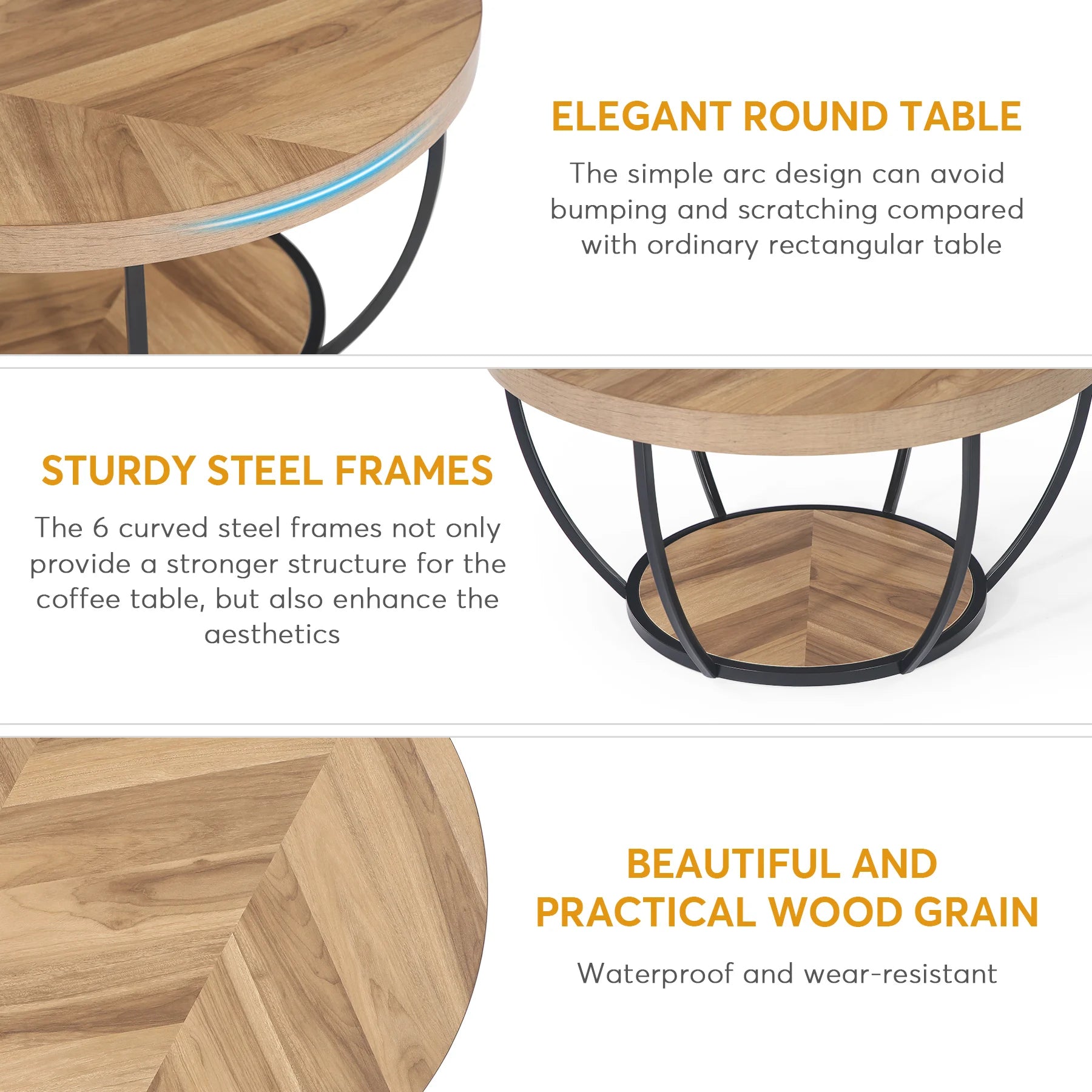 Round Industrial Coffee Table with Storage Shelf for Living Room — 31.7" Oak