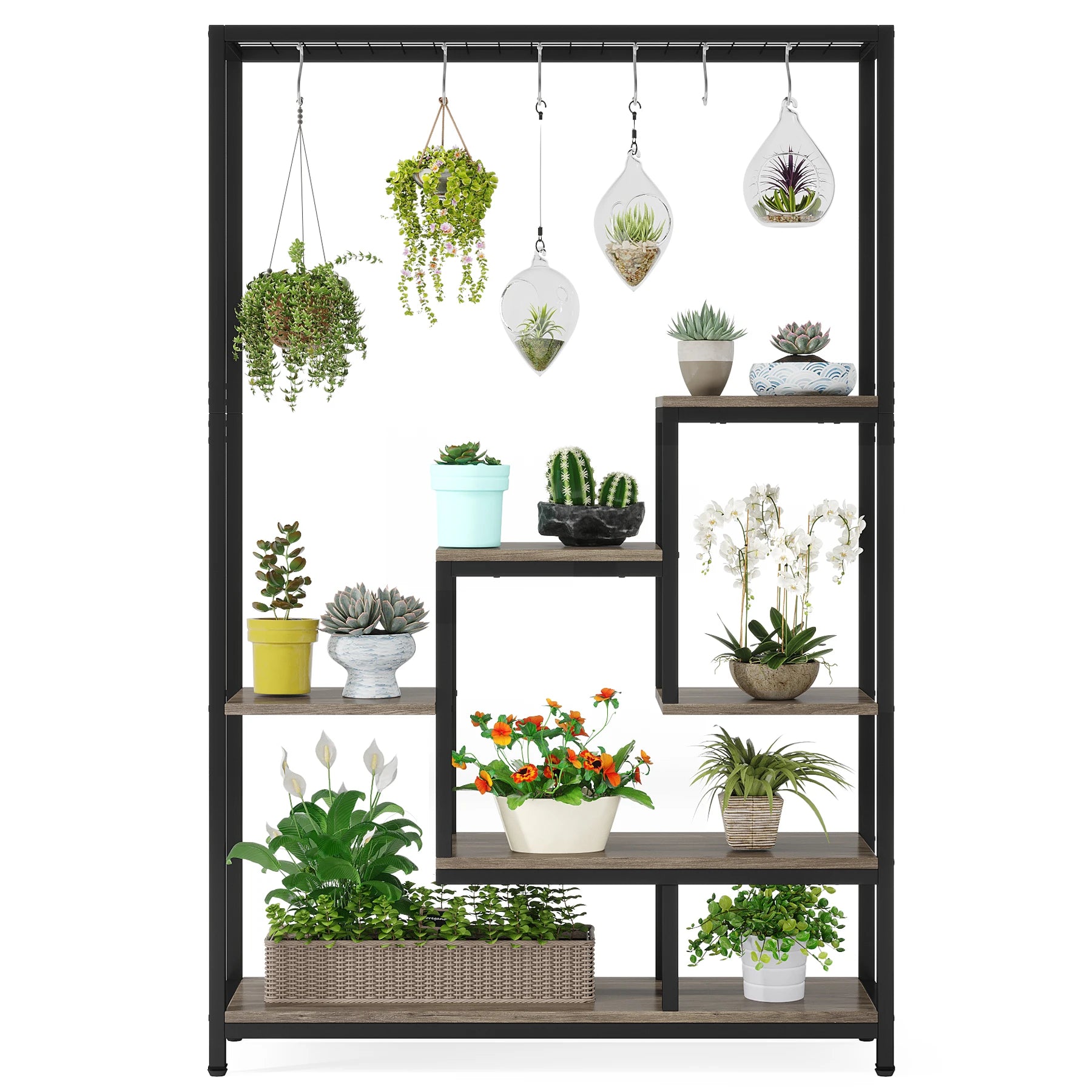 Industrial Metal Plant Stand with Hanging Hooks for Living Room — 5-Tier, 70.9in Tall