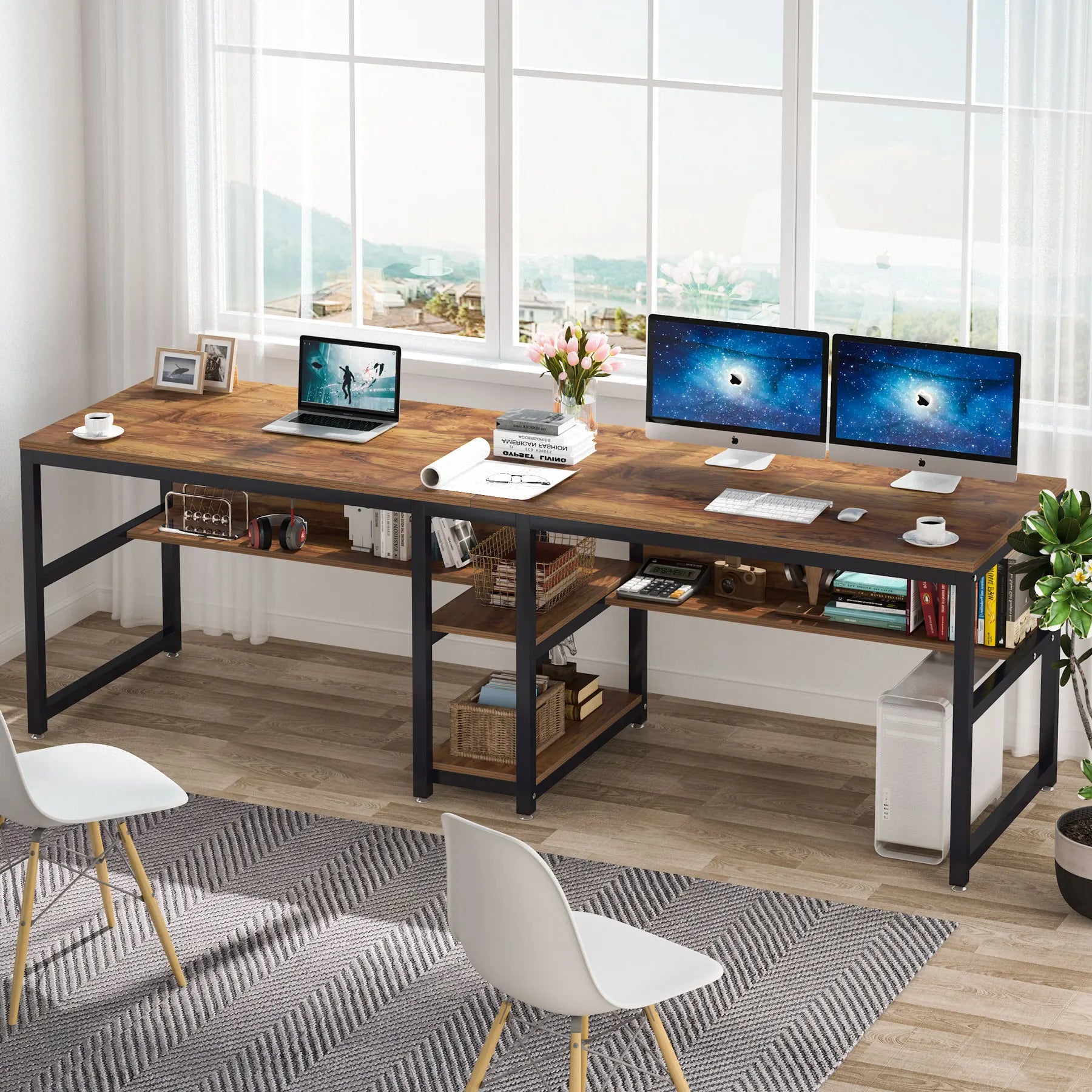 Rustic Two-Person Desk with Bookshelf for Home Office — 78.7in Double Workstation