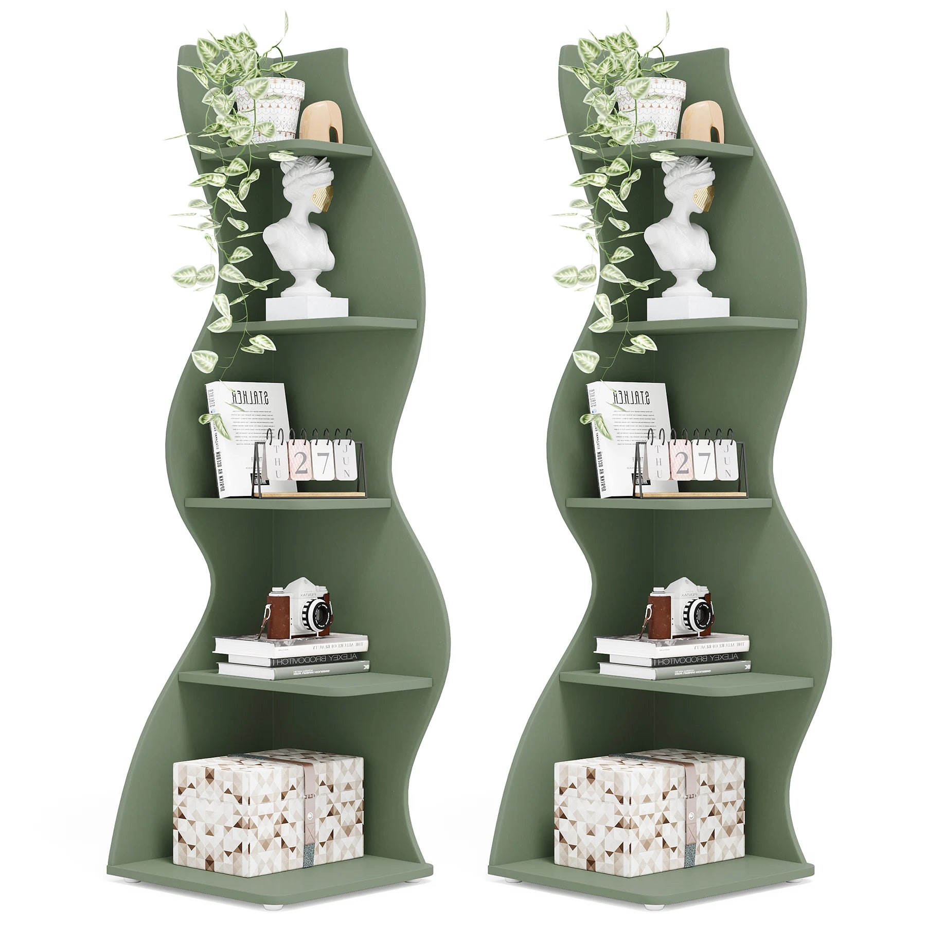 White Wave 5-Tier Corner Bookshelf with Curved Silhouette for Living Room — 65"H Floor Shelf