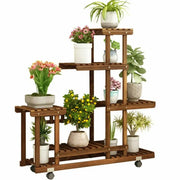 Carbonized Pine Plant Stand with Wheels for Living Room — 6-Tier Rolling Display